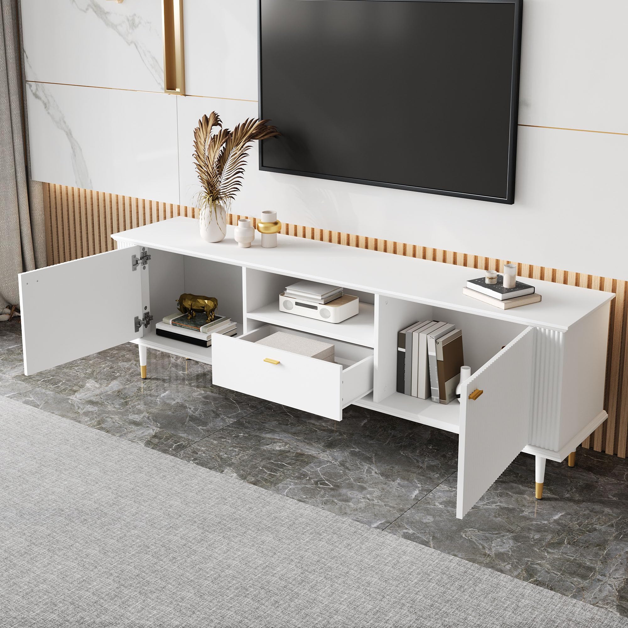 TV-Lowboard mit Soft-Close & Golddetails, 2 Türen, Schublade, Weiß