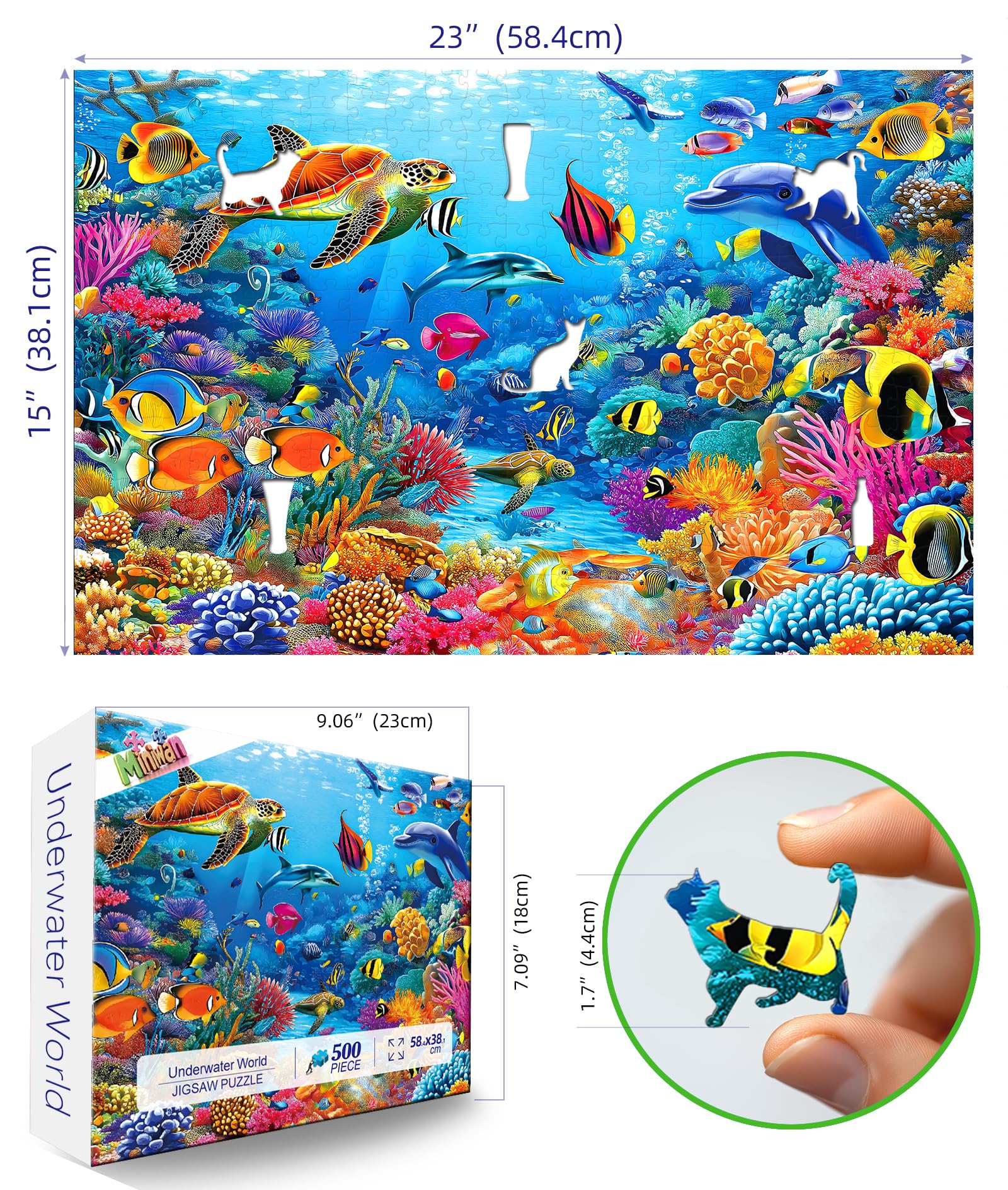 MINIWAN Puzzle da 500 pezzi per adulti, mondo oceanico sottomarino con delfini, tartarughe marine e pesci tropicali, 58 x 38 cm, puzzle d'arte unico, puzzle difficile impegnativo per adulti