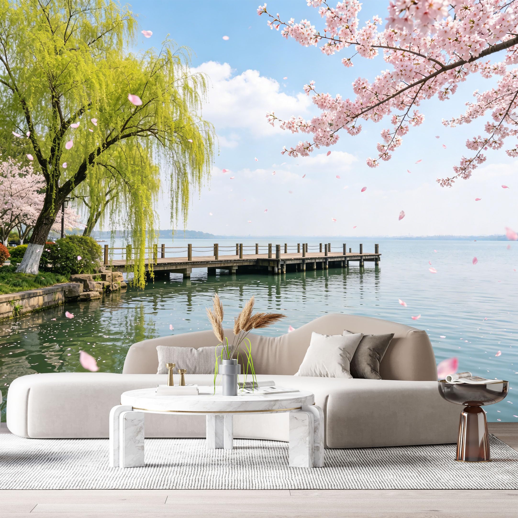 Custom Size Wall Murals Cherry Blossom Lake Landscape Spring Willow Trees Pier Watercolor SelfAdhesive Wall Fabric Removable Large Wallpaper for Photo Living Room