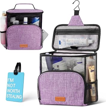 Hanging Toiletry Bag, Shower Caddy Tote Bag Updated Version, Full Size Bottle Compatible, Bath Organizer for College Dorms, Gym, Camp, Women Men, with Funny Luggage Tag