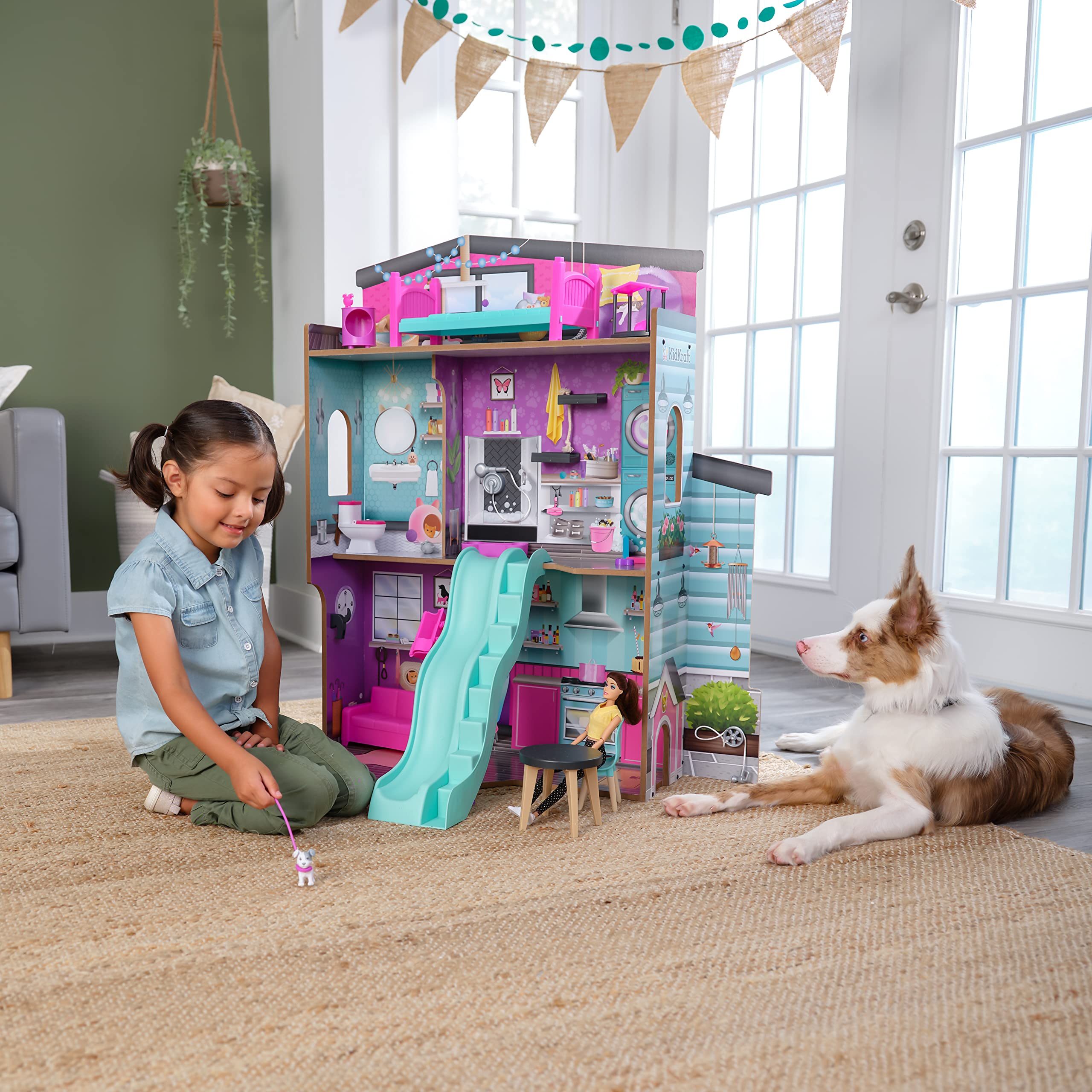 KidKraft Purrfect Domek dla lalek z drewna z meblami i akcesoriami, dla lalek 30 cm, domek z kotem i psem, figurki do zabawy, motyw zwierząt domowych, zabawka dla dzieci od 3 lat, 20240
