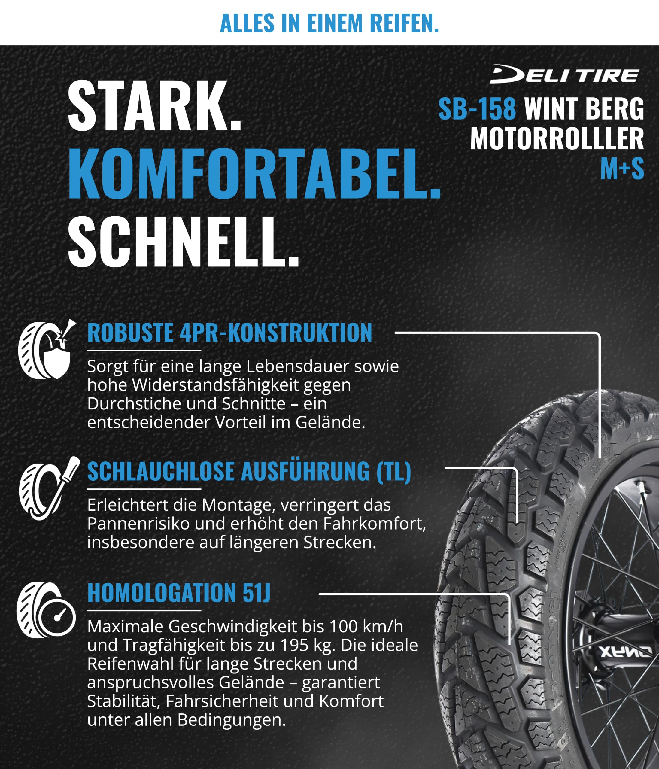 Motorroller Reifen 3.50-10 Winterreifen TL 51J SB-158 WINT BERG M+S