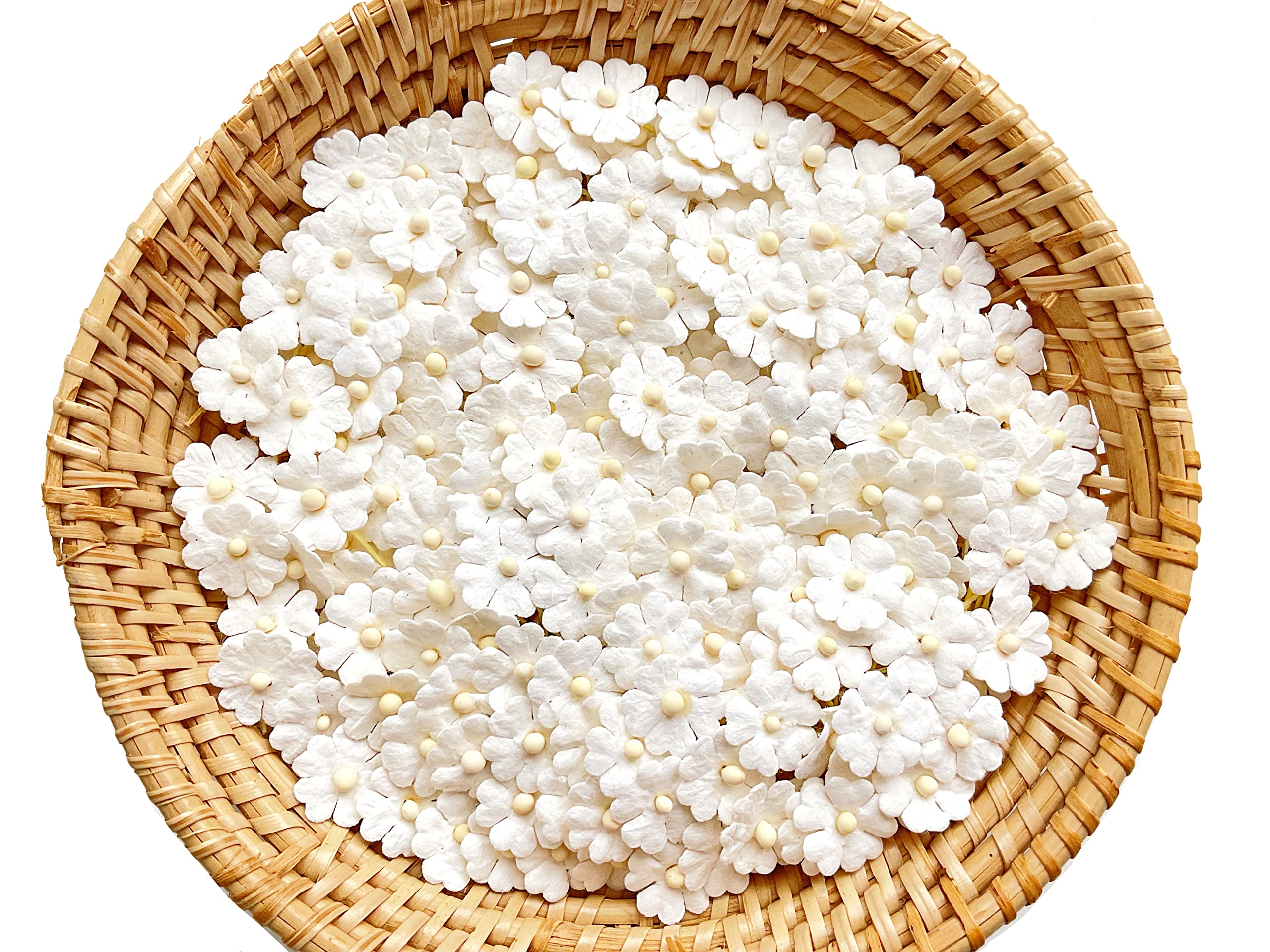 Set of 50 Tiny. Pretty Flowers Embellishment with Thread stem Off White Size 0.31" Mulberry Paper Flowers Craft Supplies Scrap Booking Embellishments for so Many Card Craft Projects