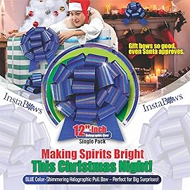 InstaBows Large Blue Gift Bow 12 Color Changing Holographic Pull String Bow Perfect for Gift Wrapping Big Presents Cars Bikes & More