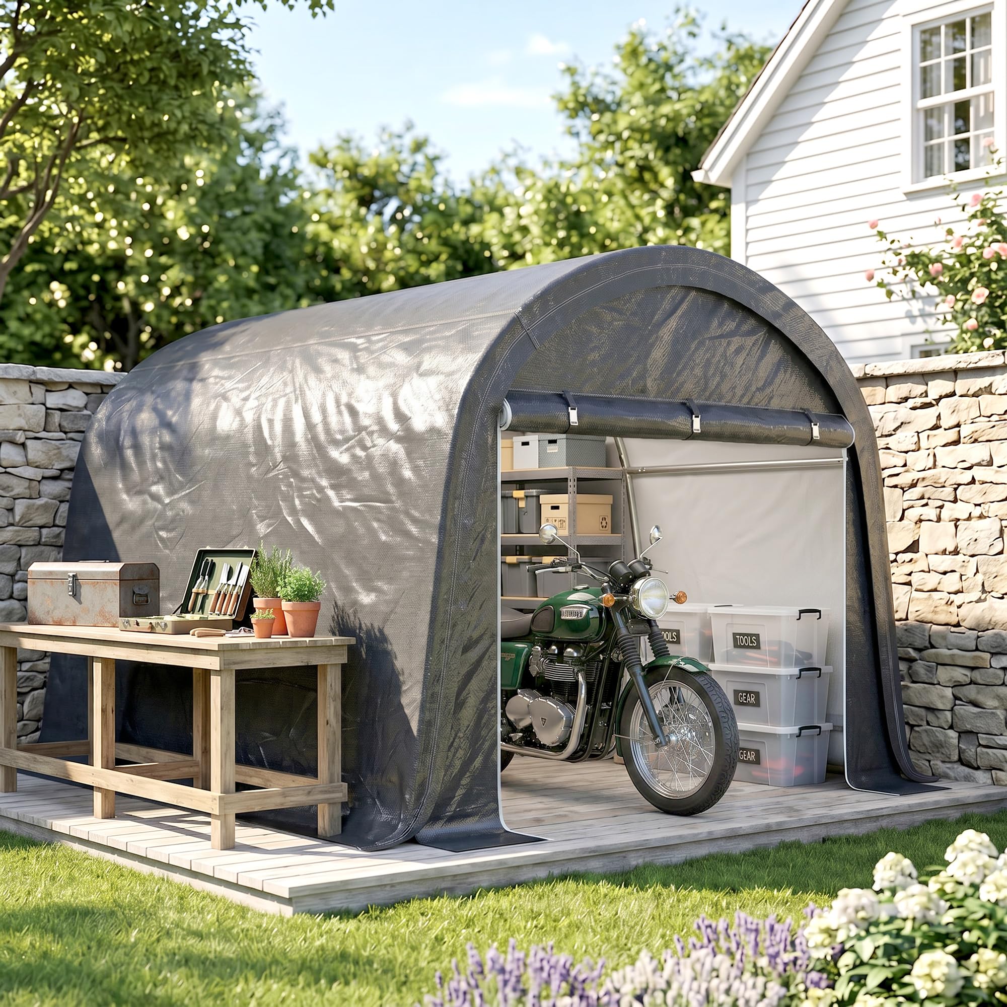 Outsunny 3x3m Garage Moto per Esterno, Tenda Garage con Copertura Rinforzata Impermeabile, 2 Ingressi a Zip, per Biciclette e Attrezzi in Acciaio Zincato, Tenda per Biciclette da Giardino, Grigio