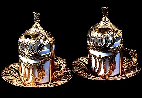 Miniatura 8 de Kuchengerate - 2 tazas de café turco, griego, árabe, marroquí, taza de café expreso con placa interior de soporte de metal de porcelana y tapa, 2