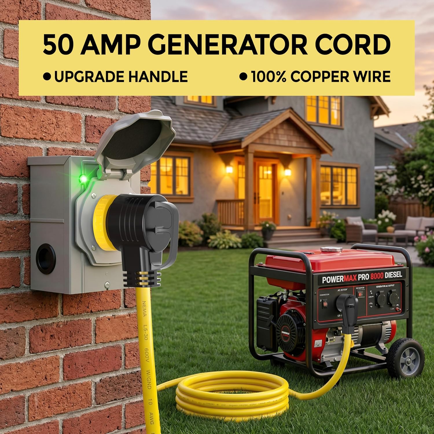 YOMILINK 75 Feet 50 Amp RV/Generator Cord, 100% Copper Wire, NEMA 14-50P to SS2-50R Twist Lock, Newly Designed 90°Grip Handle, 6/3+8/1 Gauge STW Wire