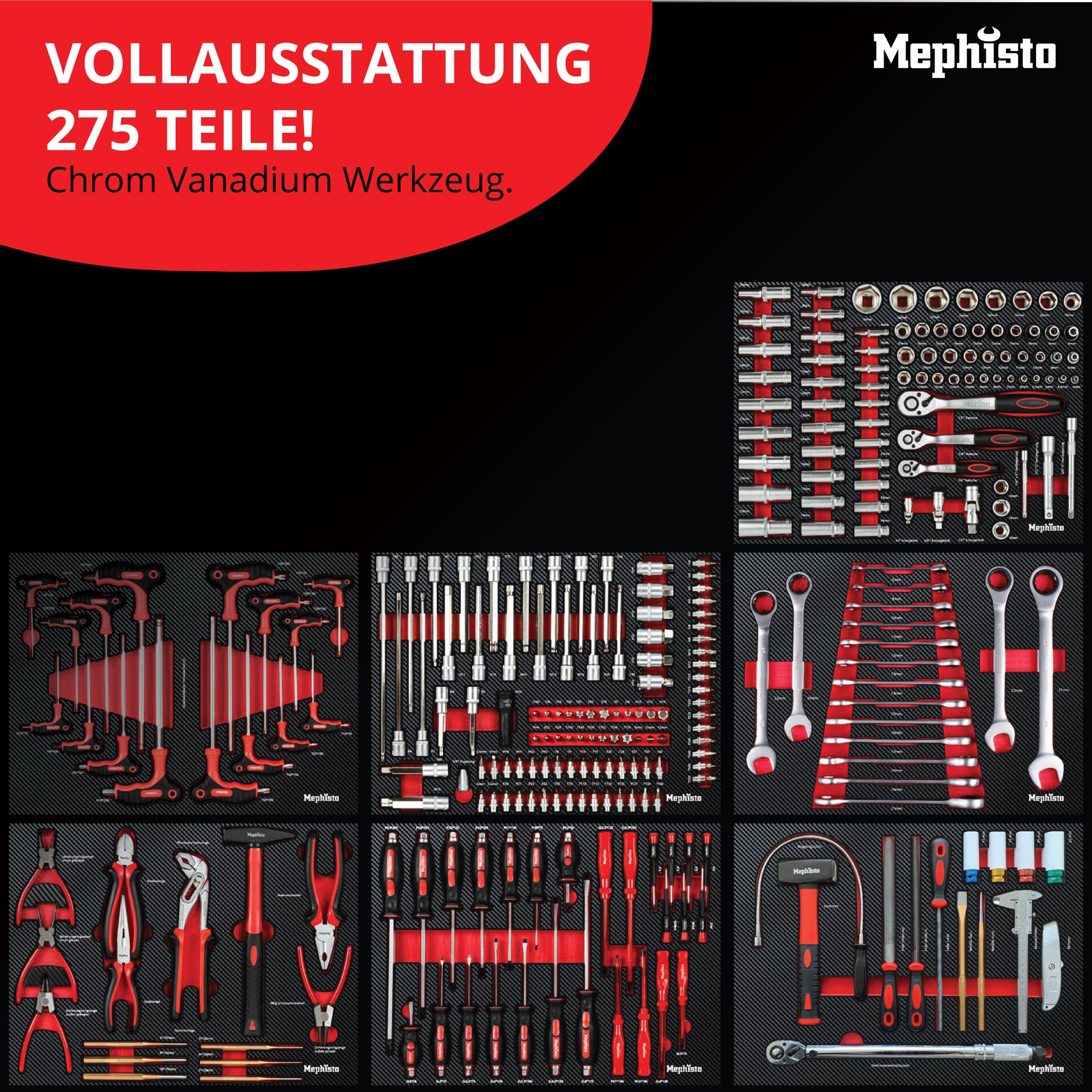 Mephisto Werkzeugwagen Werkstattwagen mit 8 Schubladen Davon 7 mit Werkzeug wie Schraubenschlüssel, Ratsche mit Nusskasten, Schraubendreher usw. in Soft Inlays in Carbonoptik gefüllte Schubladen