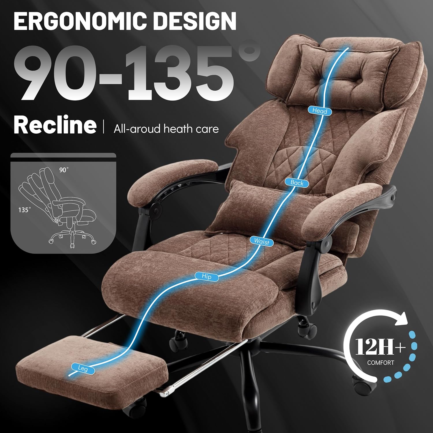 Massage Office Chair with Foot Rest,Kneading & Heat Executive Office Chairs,Big and Tall Fabric Office Chair 500LBS,Ergonomic Desk Chair for Heavy People,Recliner with Dual-Use Pillow,Brown