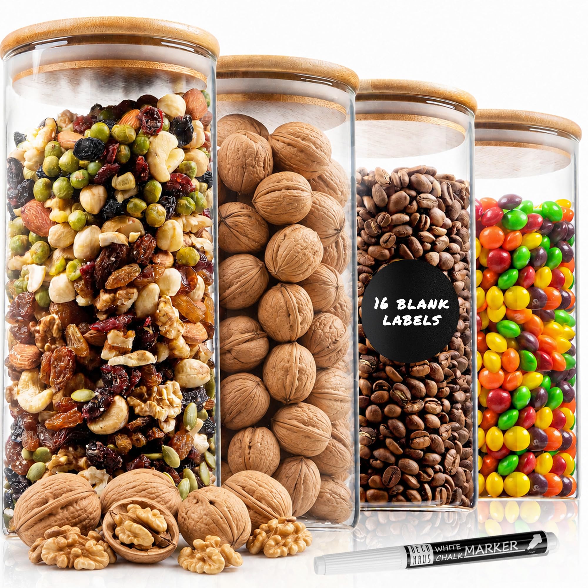 Deco haus® Bocaux en Verre Hermétique Lot de 4 [+ÉTIQUETTES] - Bocal en Verre avec Couvercle 4x1400ml - Bocal Rangement Cuisine - Bocaux de Conservation - Boite Anti Mites - Pot Hermétique Alimentaire