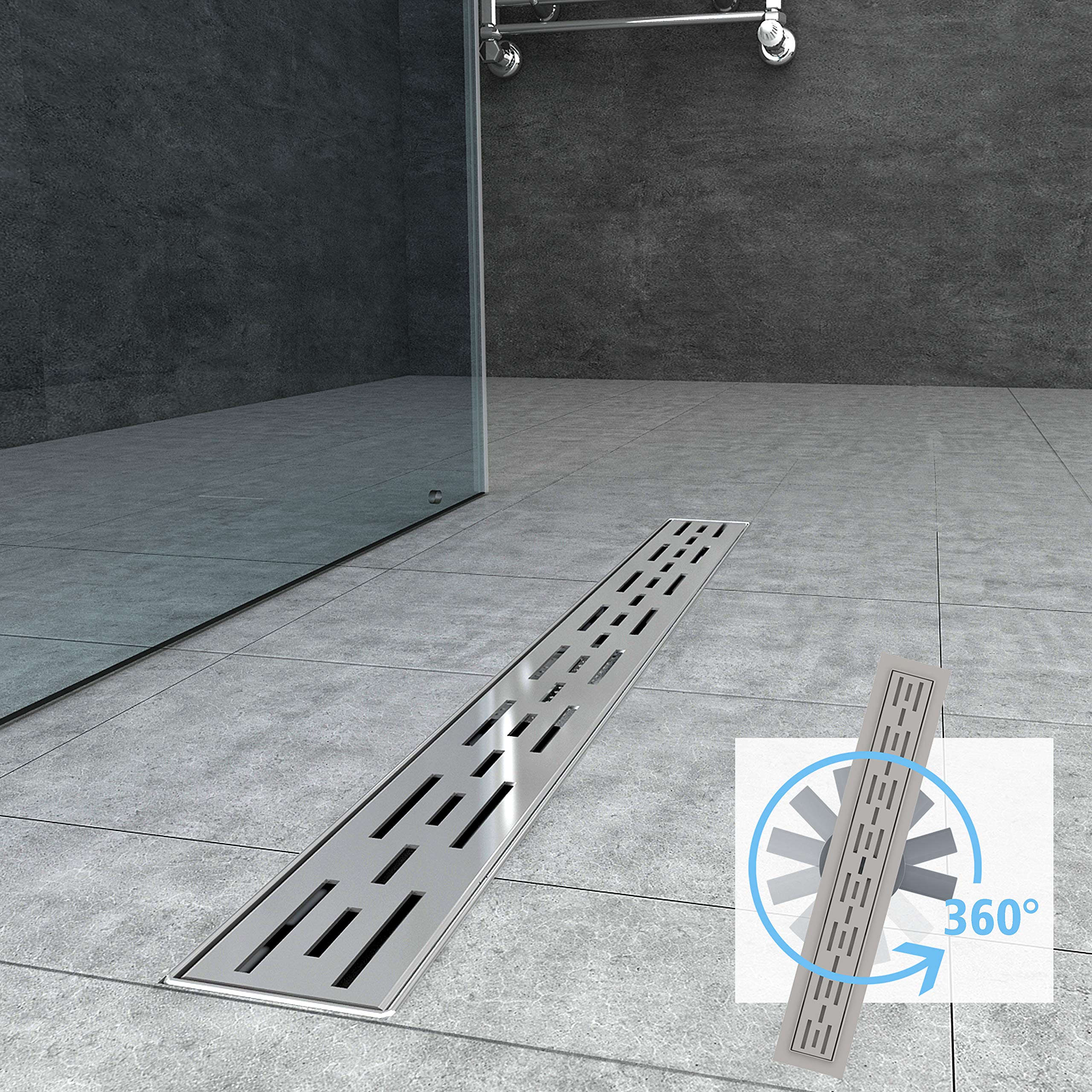 Aica Caniveau de Douche Italienne Acier Inoxydable Siphon Sol Réglable D'évacuation le Modèle Linéaire + 2 en 1 + 360° à Carreler Drain de Douche Rectangulaire Extra Plat Argent (80cm)