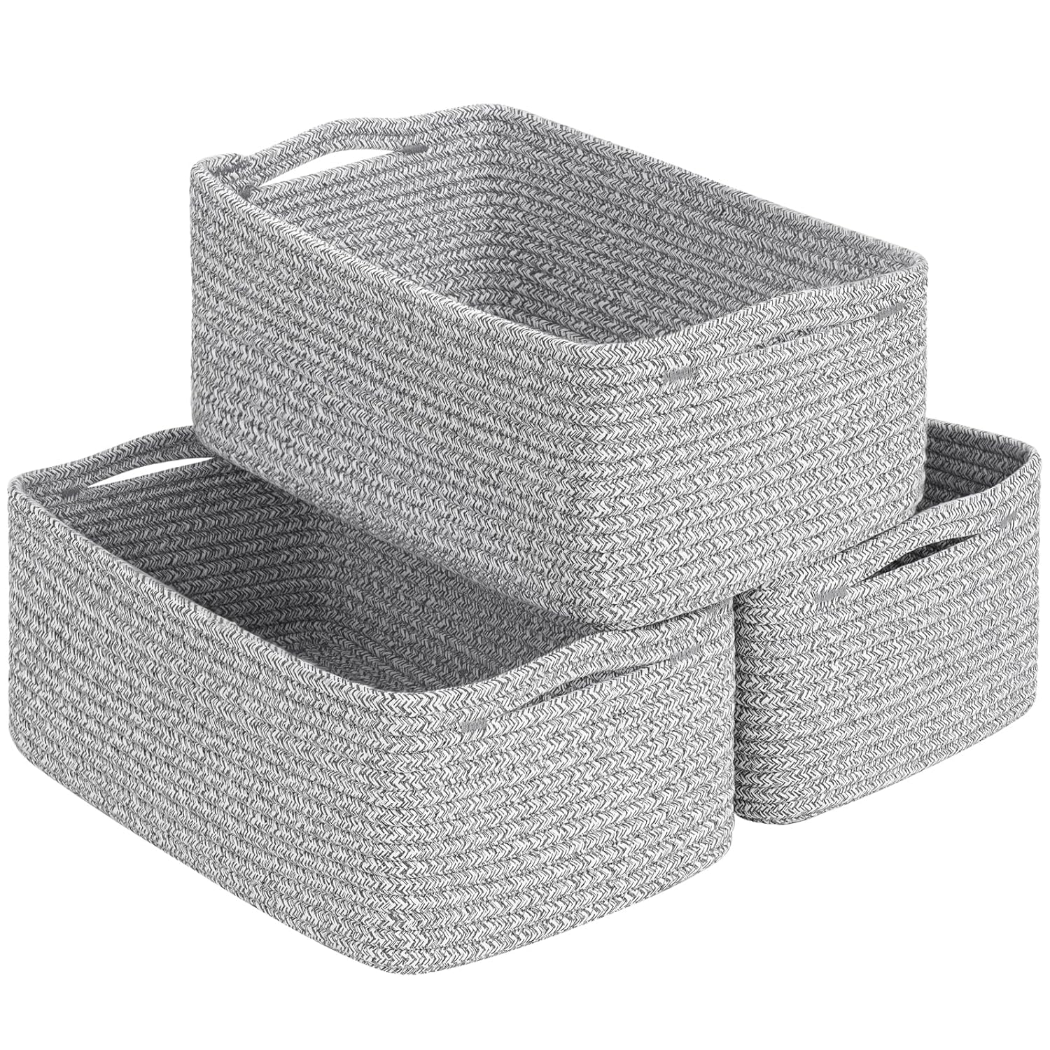 Goodpick Storage Baskets, Storage Bins for Shelves Gift Baskets Empty Small Toy Baskets Baby Rope Basket Woven Basket for Towels for Decor 3 Pack, White & Gray, 13 x 8 x 5 in