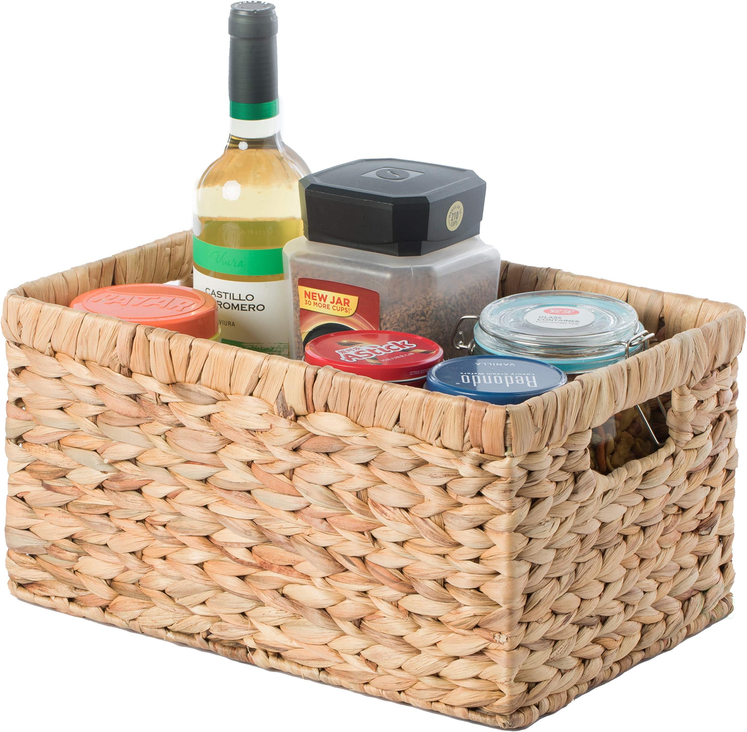 Natural Woven Water Hyacinth Wicker Rectangular Storage Bin Basket with Handles, Medium