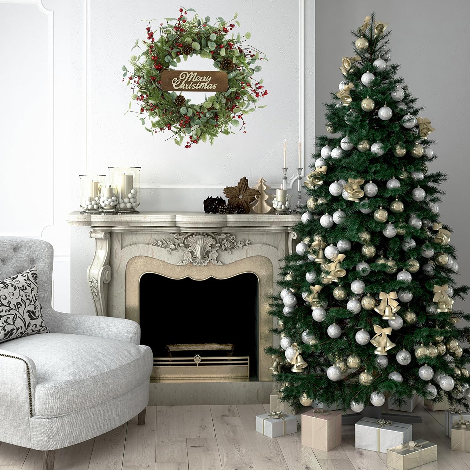 Christmas Wreaths for Front Door,Artificial Christmas Wreath with Sparkling Leaves and Pine Needles are paired with Plump Pine and red Berries,Wreath for Indoor Wall Window Decor. - Image 4