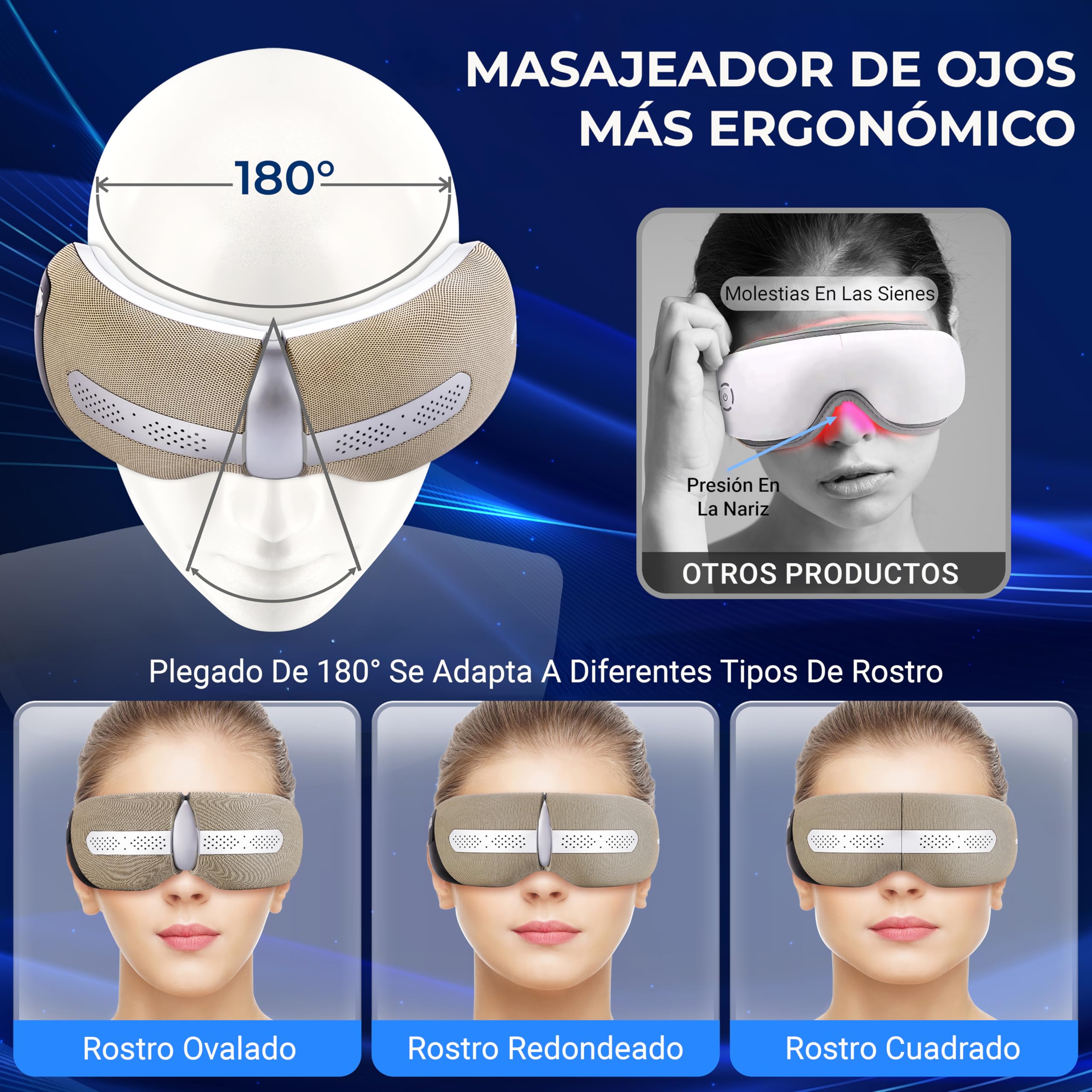 SereneLife masajeador de ojos con calor y enfriamiento, Compresión de aire y vibración, 5 modos de masaje, Música integrada, Gafas plegables, Inalámbrico y recargable para la relajación ocular