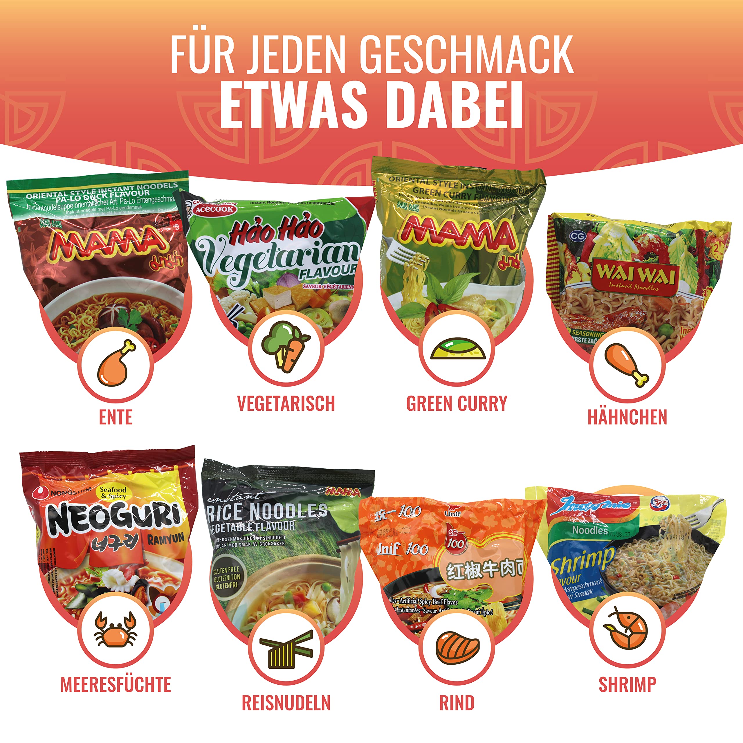 NASCHMASCHINE | Asia Instant Nudeln Box | 30 verschiedene Sorten von MAMA, Indomie | Asia Ramen Udon aus Rind, Schwein, Shrimps, Huhn, Gemüse Geschmack
