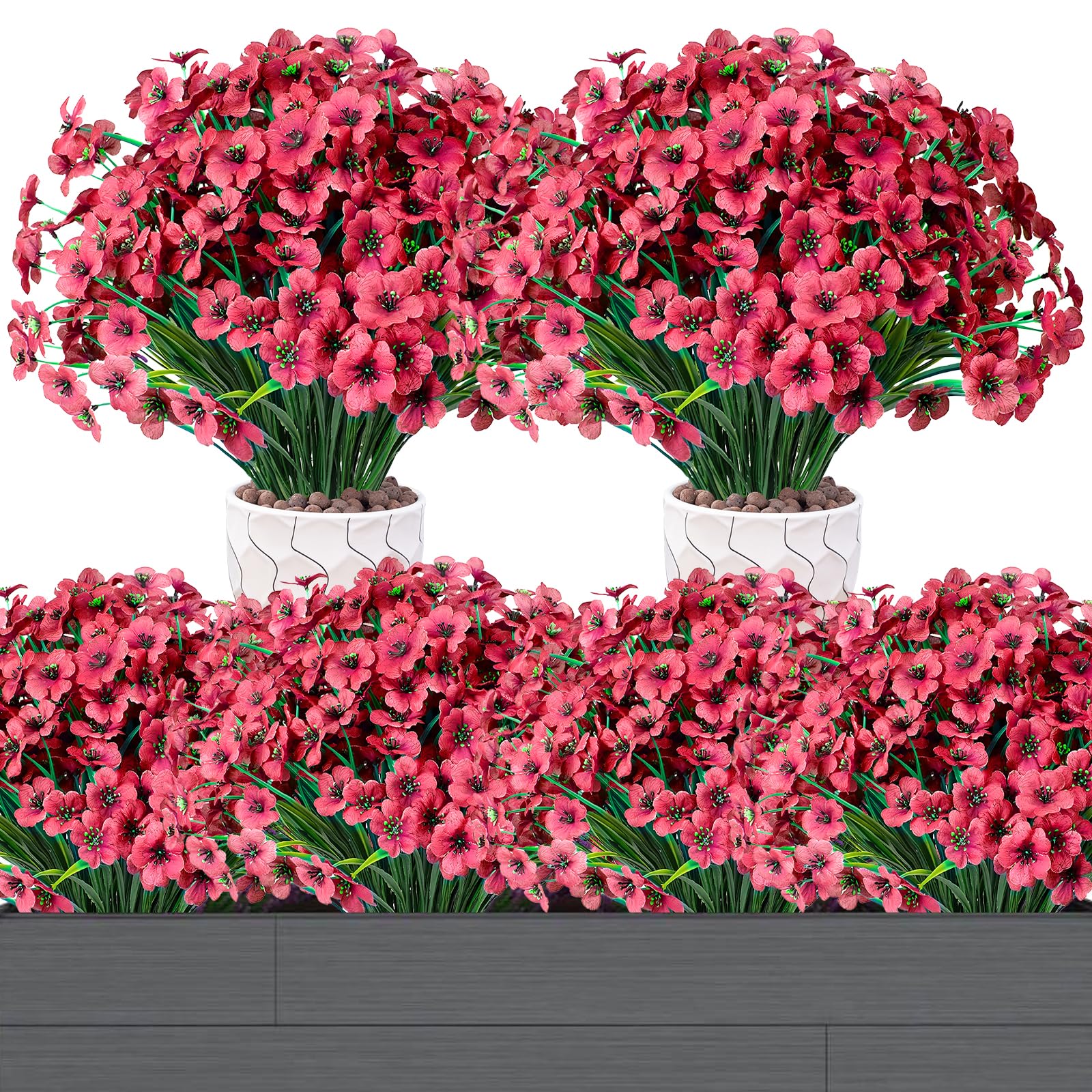 12 Bundles Artificial Flowers Outdoor Fake Plants UV Resistant Faux Plastic Greenery Shrubs for Indoor Outside Window Box Porch Hanging Planter Garden Patio Backyard Pots Decorations (Rose Red)