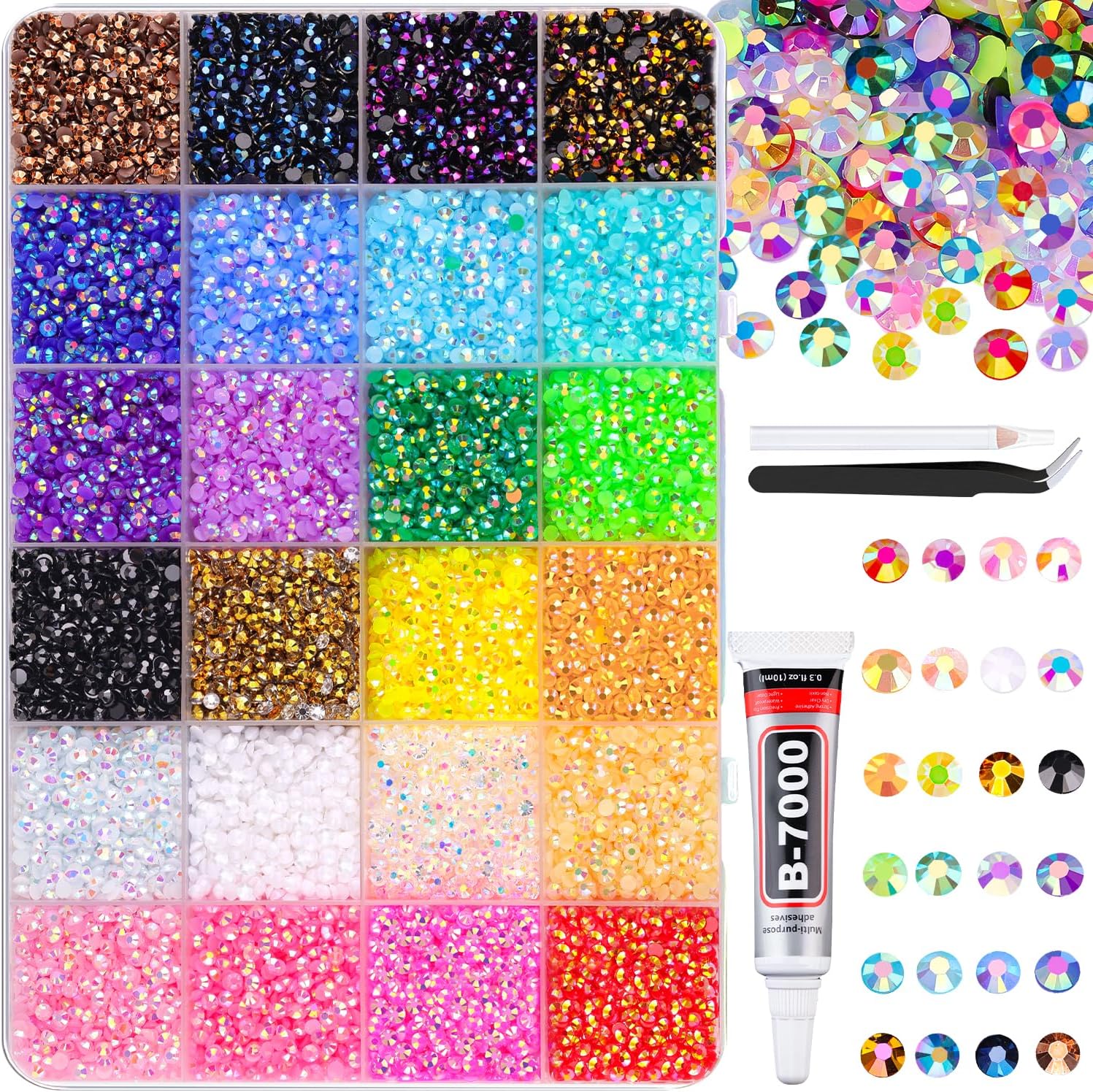 24000pcs Jelly Resin Rhinestones with Tweezers for Crafts, Mixed Gems, 3mm Non Heat Setting, Crystals for DIY Clothing, Glasses, Cups, Shoes, Fabric, Nail Decor