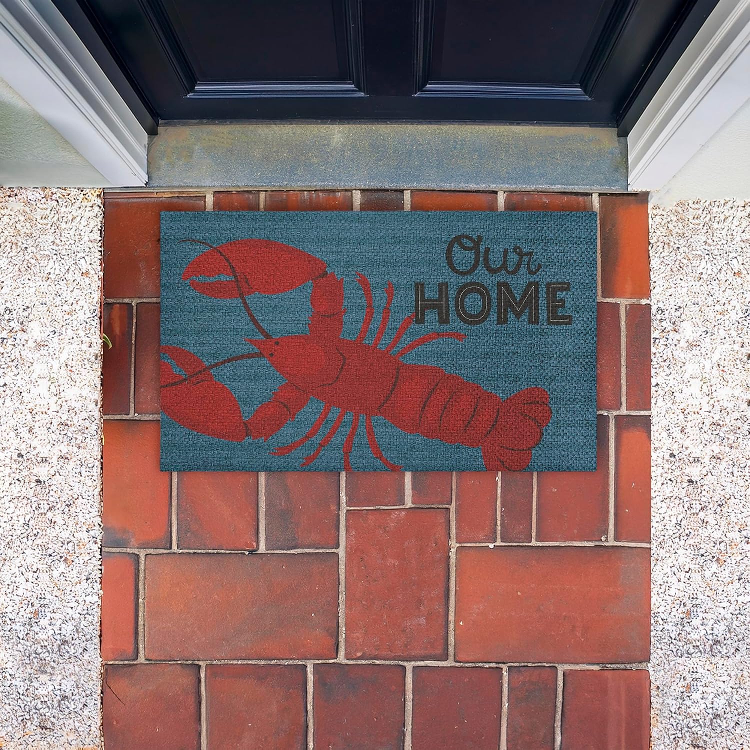 Our Home Lobster & Stripes Outdoor Door Mat, Durable Non-Slip Woven Natural Texture Mat with Recycled Rubber Backing, Weather-Resistant Coastal Nautical Design by Gail Veillette, 18"x30"