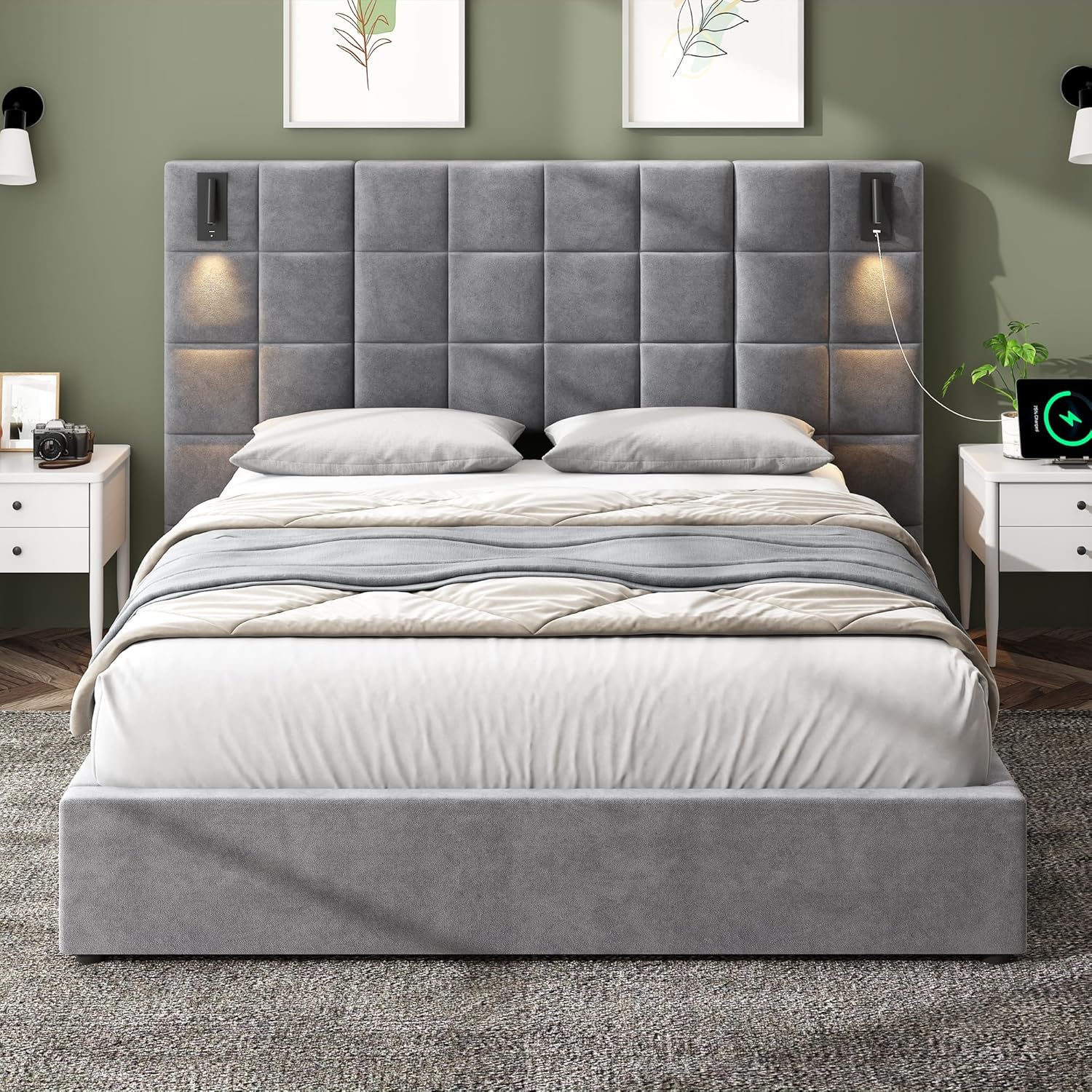 LUMISOL Queen Size Upholstered Platform Bed Frame, Velvet Bed Frame with Wide Headboard, Adjustable Reading Lamp and USB Ports, No Box Spring Needed, Gray
