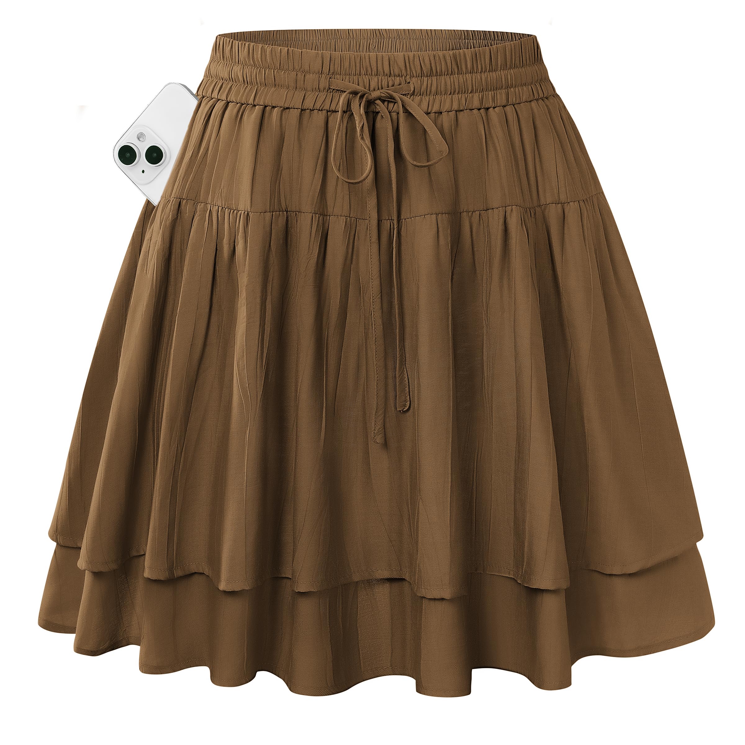Kate Kasin Women Mini Skirts with Shorts Flowy Ruffle Tiered High Waist Swing Skorts with Pockets