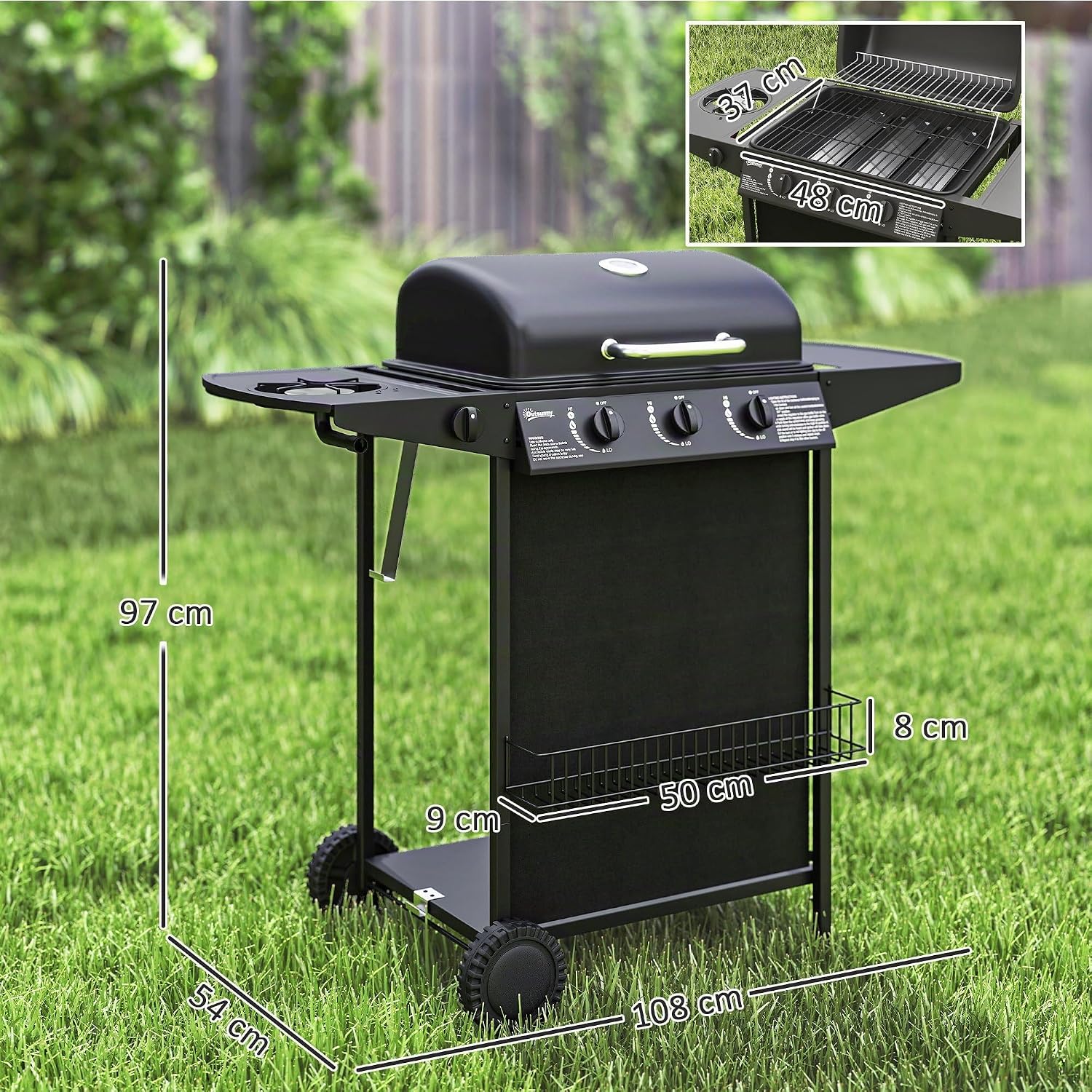 Diagram showing dimensions of the Outsunny Gas BBQ