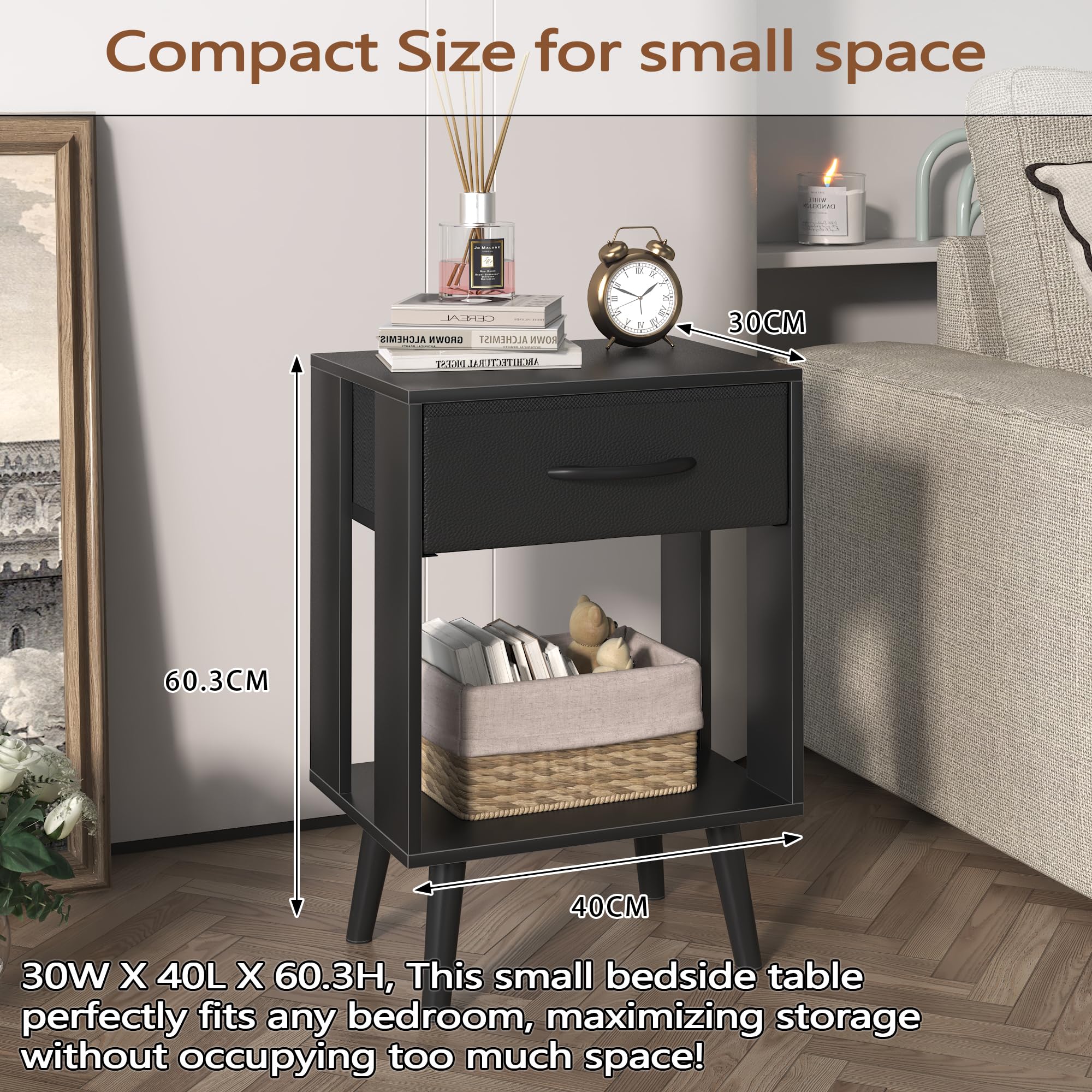 Nachttisch 2er Set, 40X 30 X 60.3cm Nachttisch, Klein Nachttische mit Schublade Nachtschrank für Schlafzimmer Kinderzimmer Zimmer Geschenk Bedside Table Nightstand, Schwarz