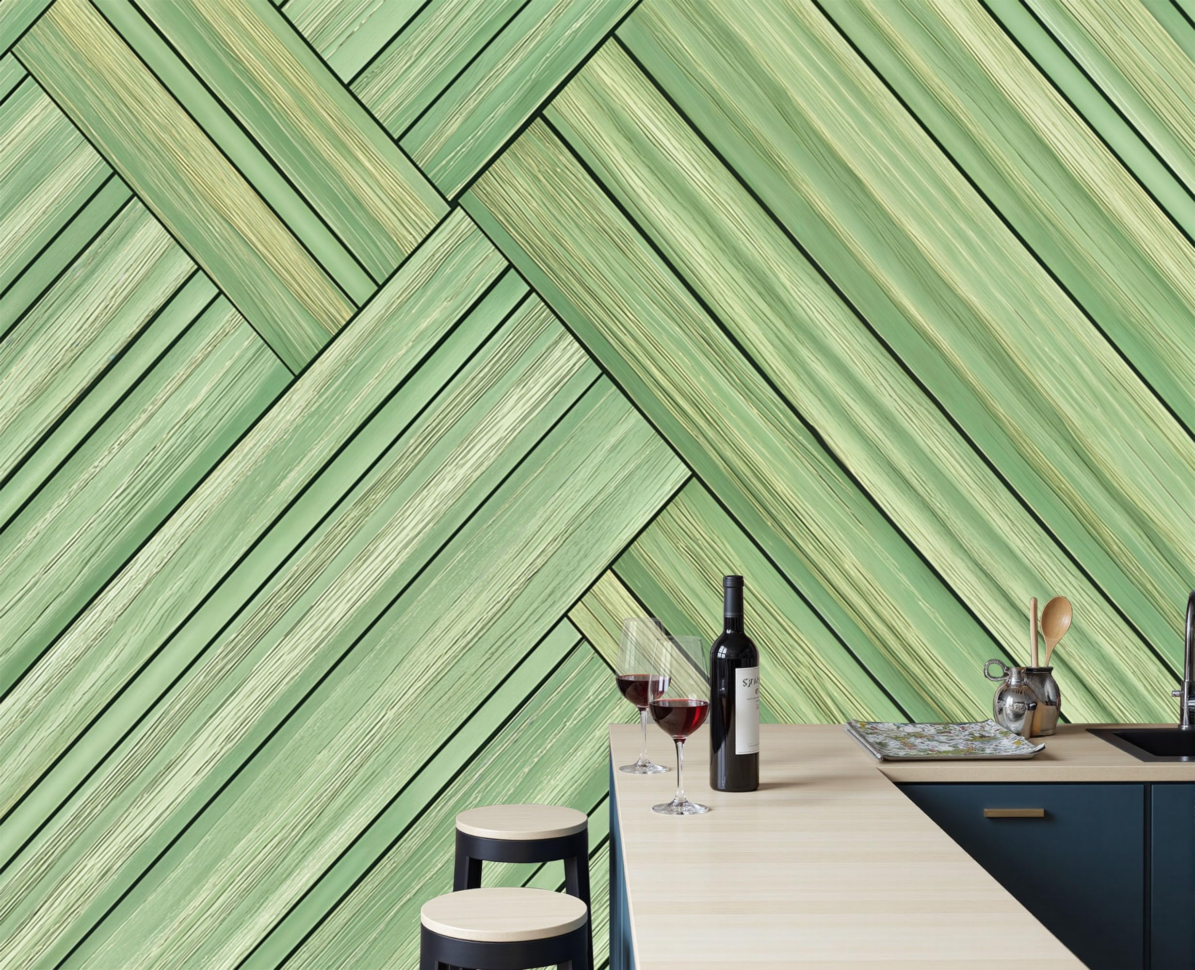 Papier peint panoramique bois rayé vert sauge pour un salon style Wabi-Sabi