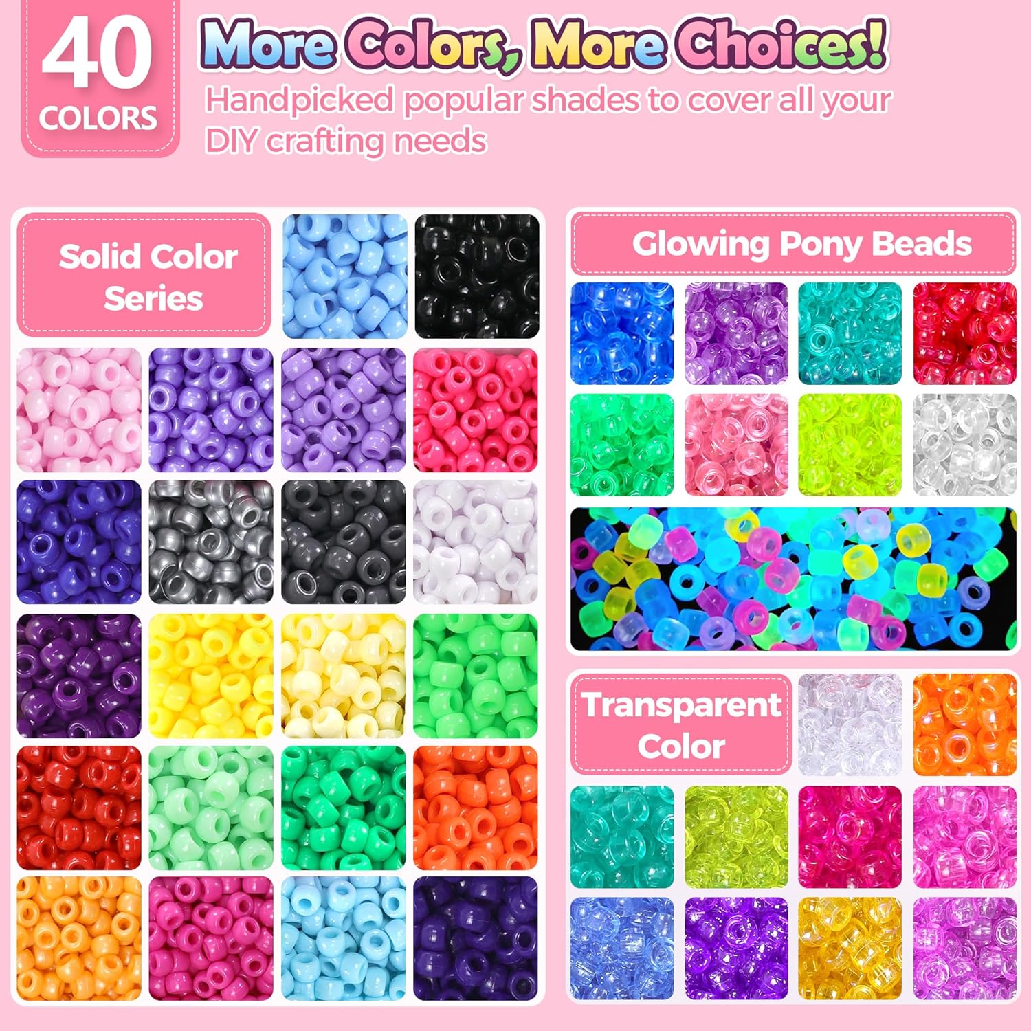Redtwo 10000 Pcs Pony Beads for Bracelet Making Kit, 40 Colors Kandi Beads for Bracelets Jewelry Making, 6x9mm Hair Bead for Braids Key Chains DIY Crafts Gifts for Tween Girls