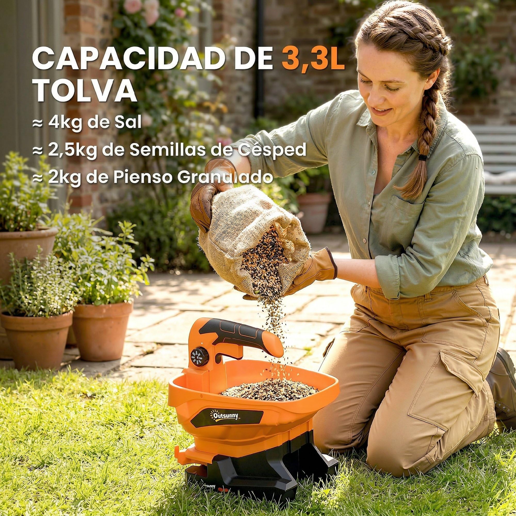 Outsunny Esparcidor Portátil 3,3 L, 8 Niveles de Flujo, Ancho de Proyección Regulable 3 Niveles, Puerto USB, Esparcidor de Semillas para Césped, Sal, Gravilla hasta 800 m², Naranja