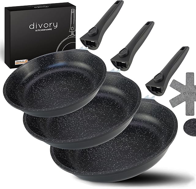 DIVORY zestaw patelni z aluminium z powłoką nieprzywierającą i zdejmowanym uchwytem, nadają się do płyt indukcyjnych, 20 cm, 24 cm, 28 cm, czarne
