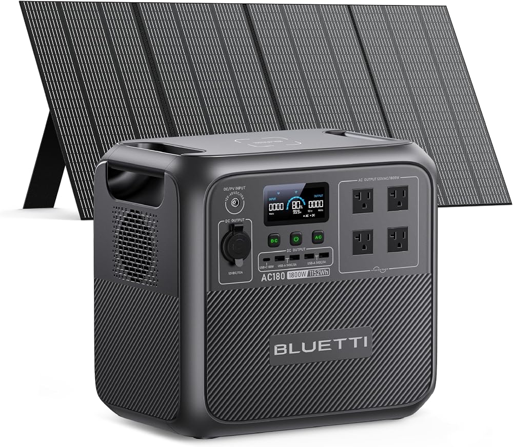BLUETTI AC180 Solar Generator with 350W Solar Panel (Ships Separately), 1152Wh Portable Power Station w/ 4 1800W (2700W Surge) AC Outlets, LFP Power for Outdoor Camping, Trip, Power Outage