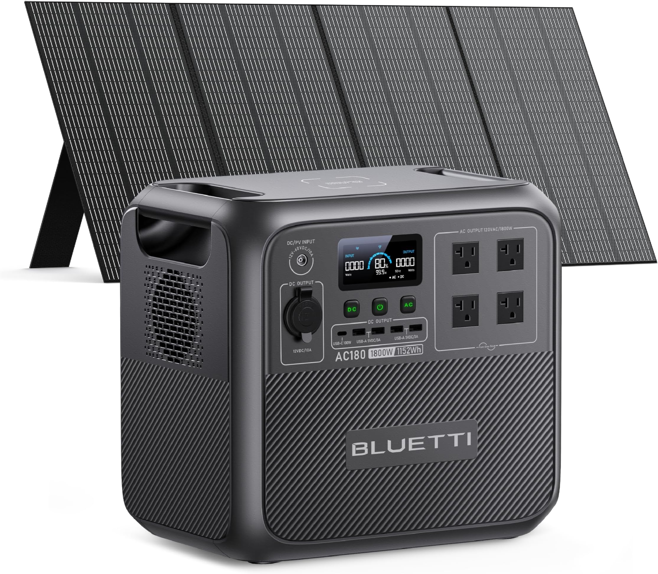 BLUETTI AC180 Solar Generator with 350W Solar Panel (Ships Separately), 1152Wh Portable Power Station w/ 4 1800W (2700W Surge) AC Outlets, LFP Power for Outdoor Camping, Trip, Power Outage