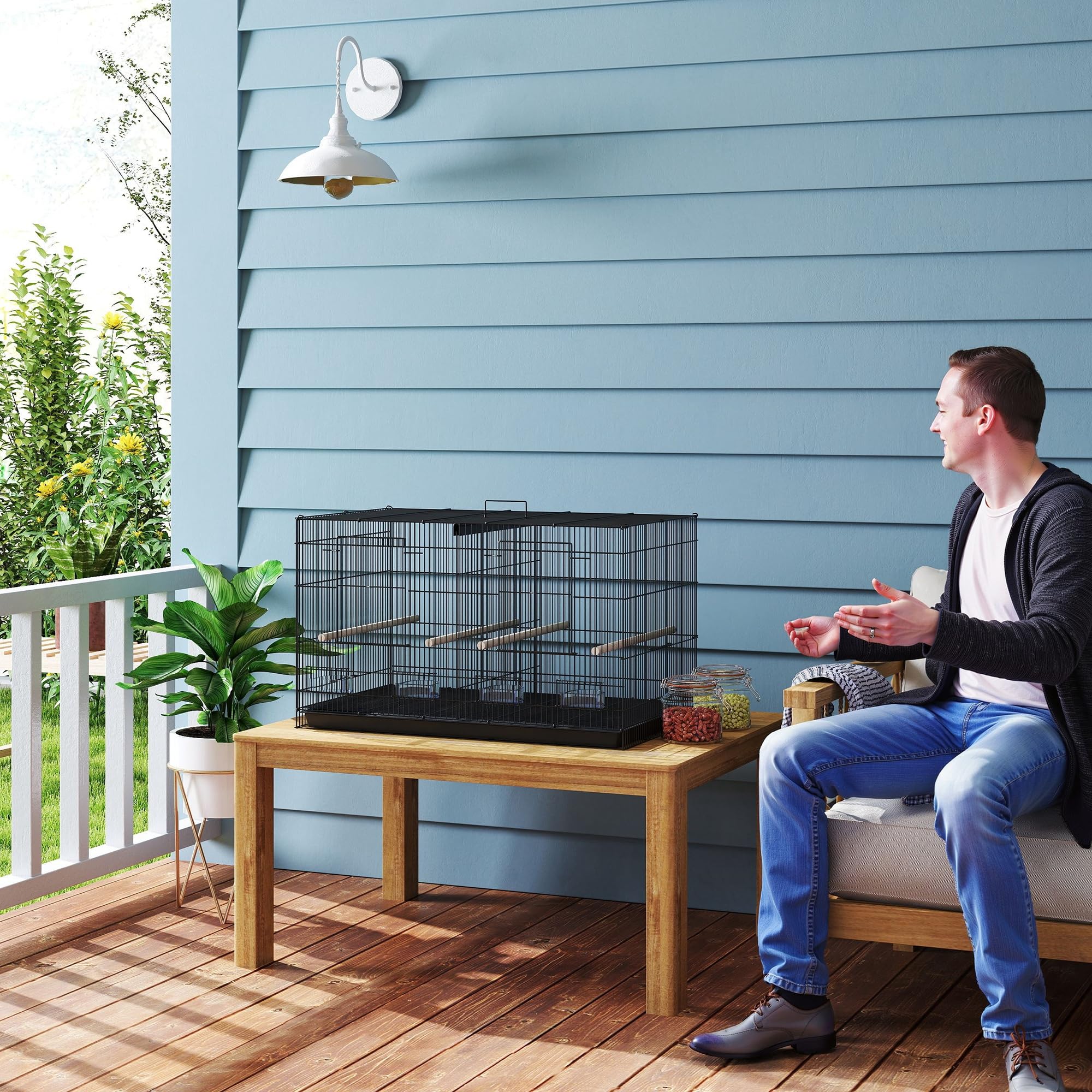 PawHut Jaula para Pájaros con Divisor, 76x46x46 cm, Pajarera con 4 Comederos, 4 Perchas y Bandeja Extraíble, Jaula para Loros, Canarios, Periquitos, Negro
