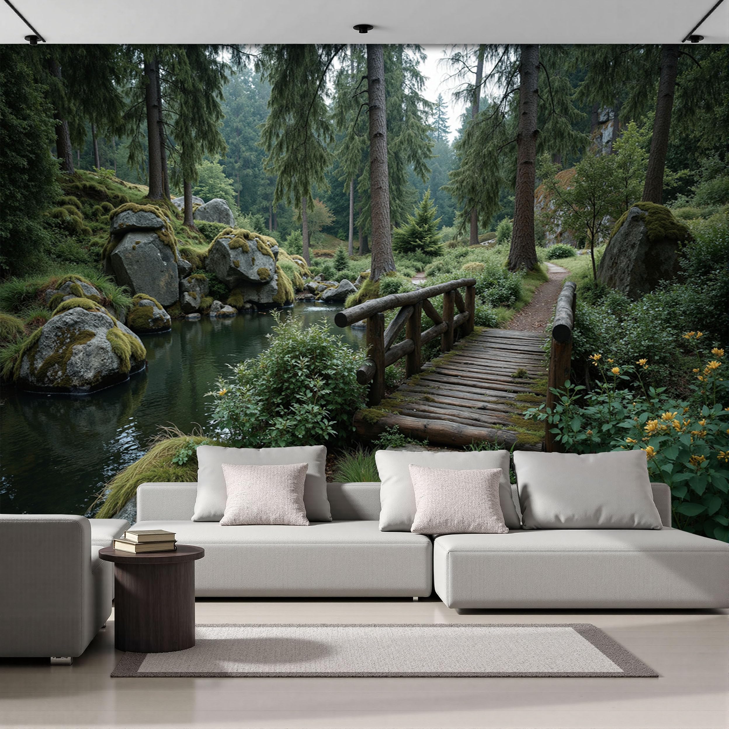 Papier peint pont en bois forestier pour créer une ambiance nature dans le salon