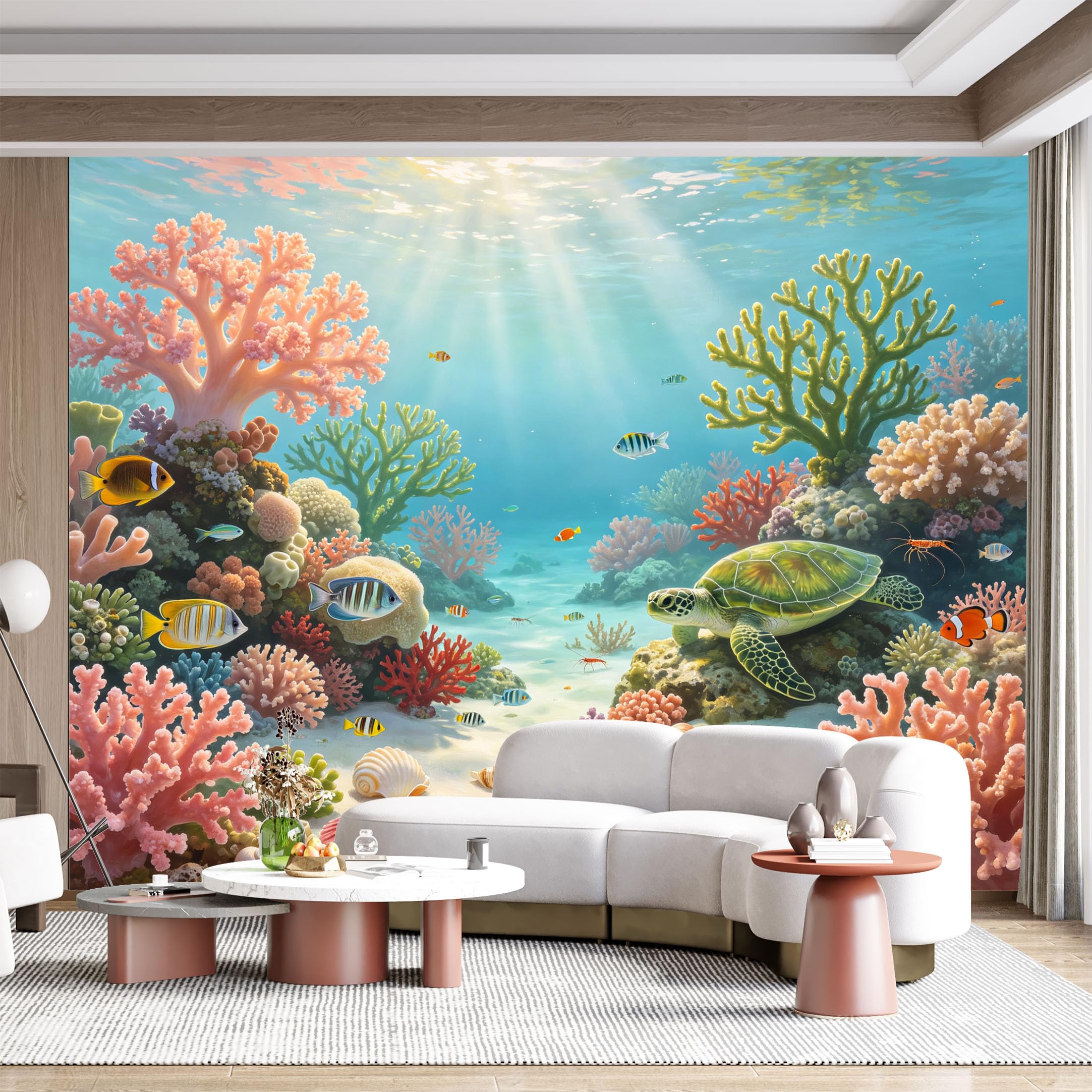 Custom Size Wall Mural Underwater Ocean Coral Reef Turtle Tropical Fish Marine Life Seascape SelfAdhesive Wall Fabric Removable for Home Office Decor