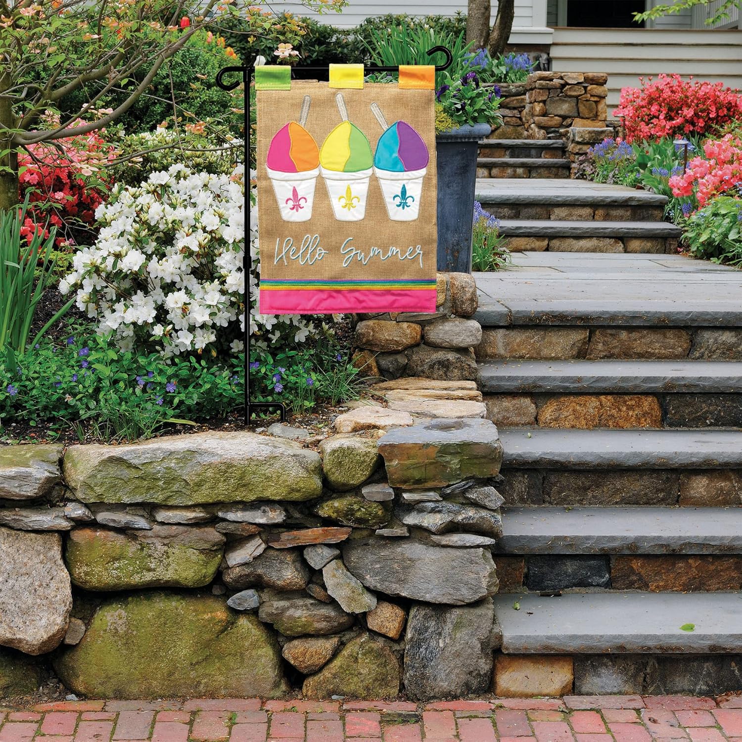 Magnolia Garden Hello Summer Fleur-de-lis Snowballs 13 x 18 Inch Polyester Garden Flag