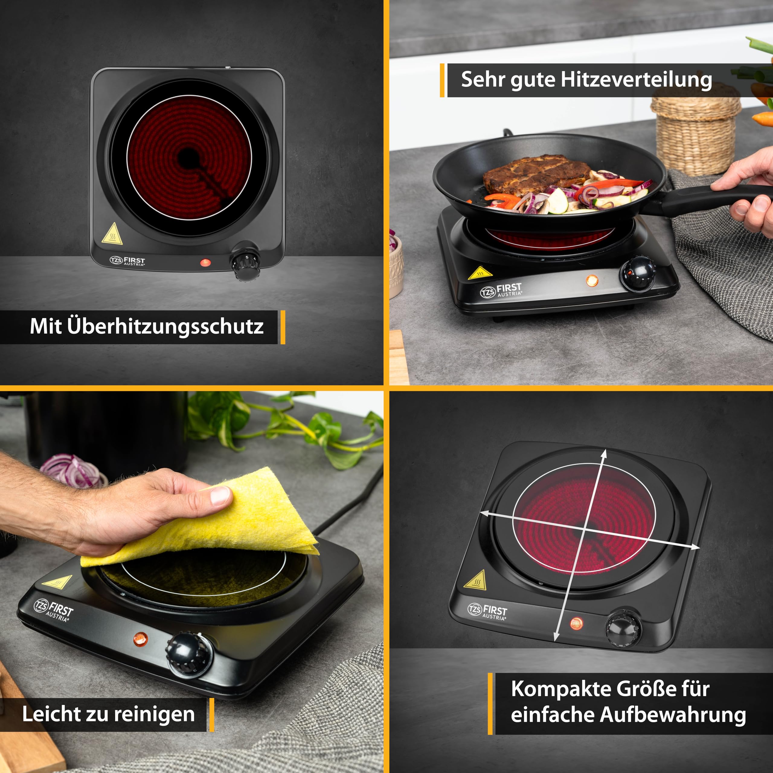TZS First Austria - Infrarot-Einzelkochplatte 1200W - Ø 175 mm - Mobiles Kochgerät mit Überhitzungsschutz & stufenloser Thermostatsteuerung - Glaskeramik-Kochfeld für alle Topfarten