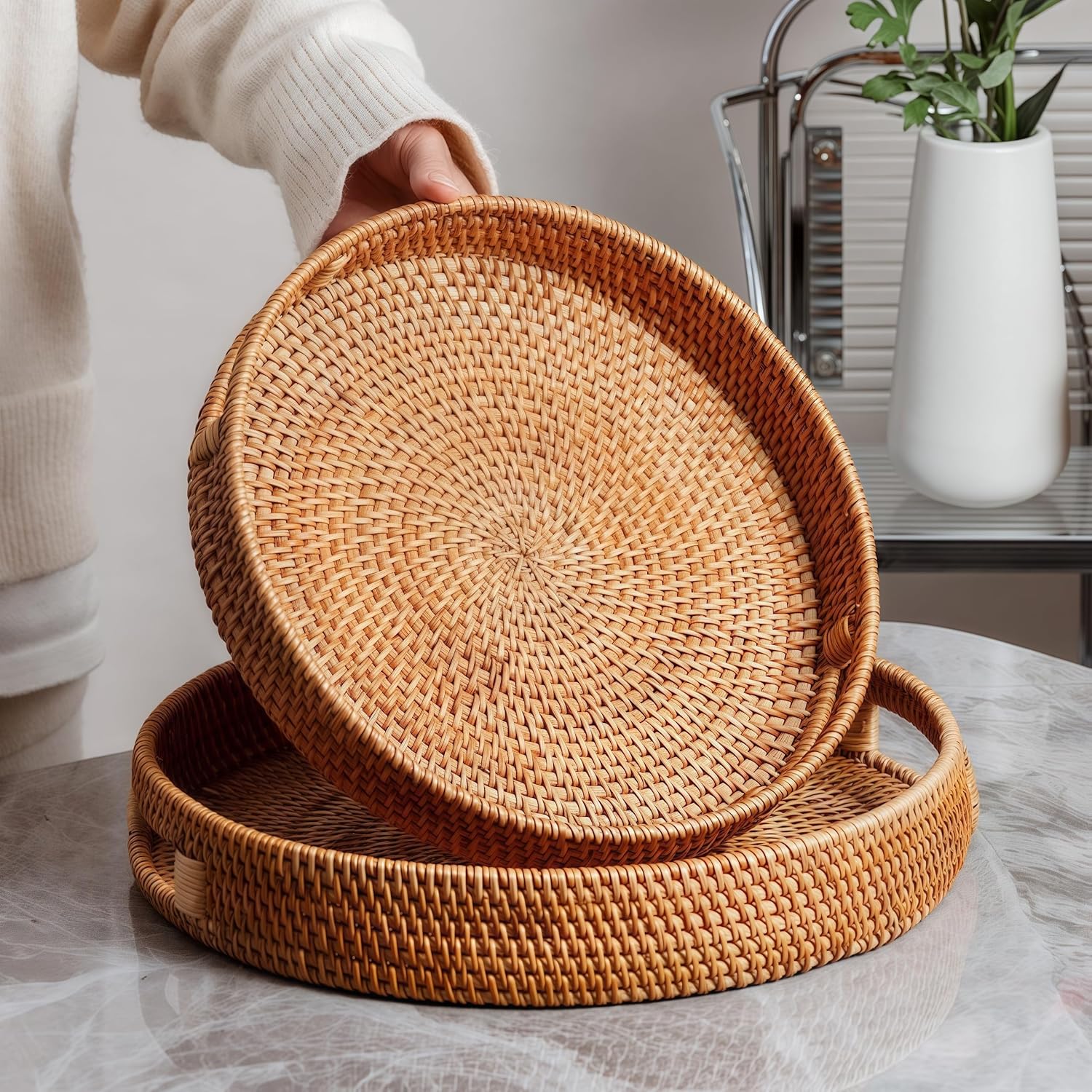 16.9" Round Rattan Tray, Hand Woven Serving Tray with Handles, Wicker Serving Basket, Decorative Tray for Home Decor, Natural - Image 6