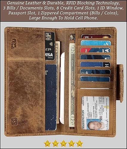 Miniatura 2 de Mou Meraki Cartera larga con bloqueo RFID de cuero genuino - Vintage Bifold para hombres (COGNAC antiguo)