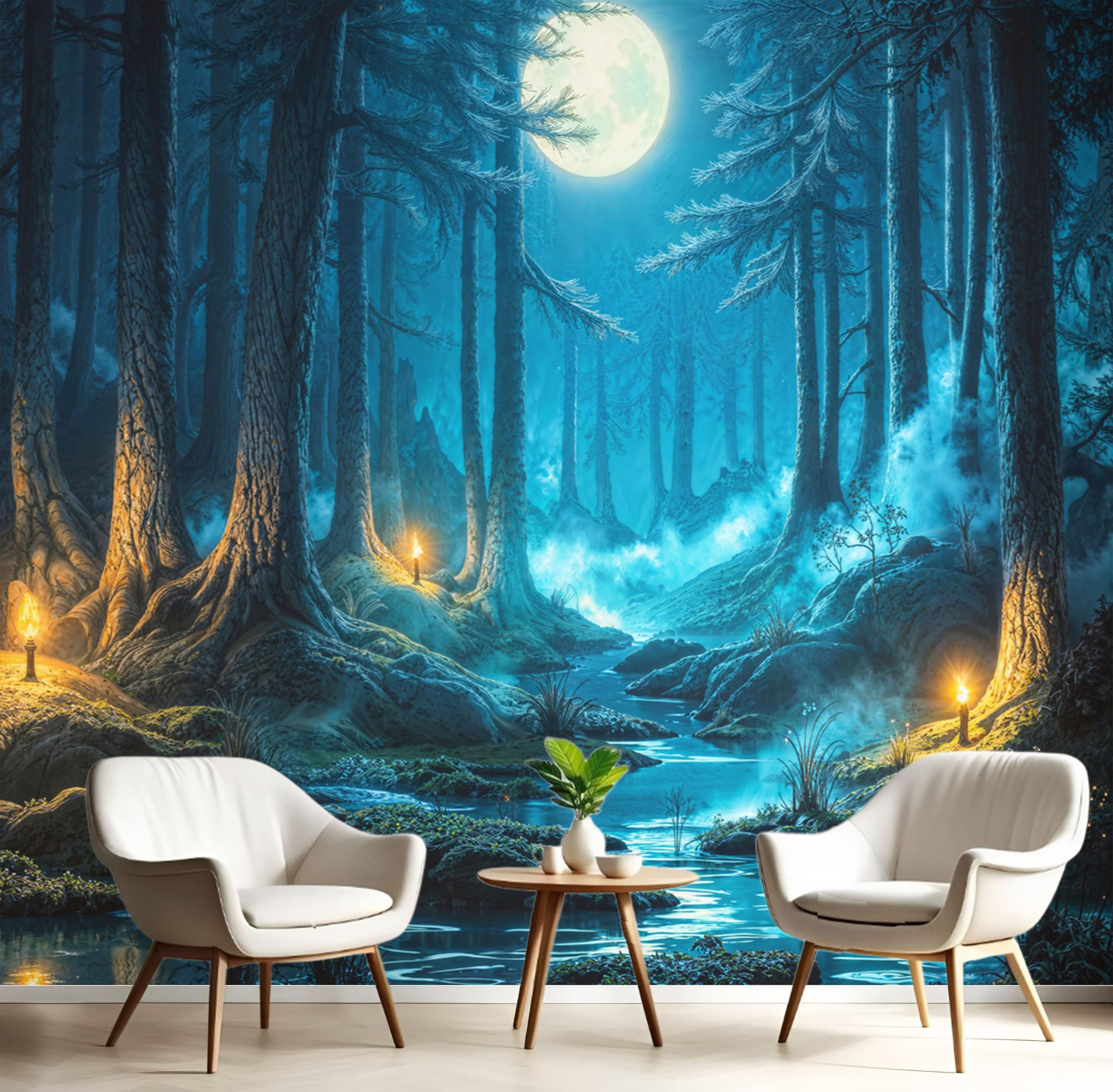 Papier peint intissé salon forêt fantastique et pleine lune 450x315cm