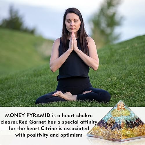 Miniatura 7 de Pirámide de orgona de triple dinero que atrae la riqueza y la prosperidad generador de energía de cristal, aventurina verde, granate rojo y citrino,
