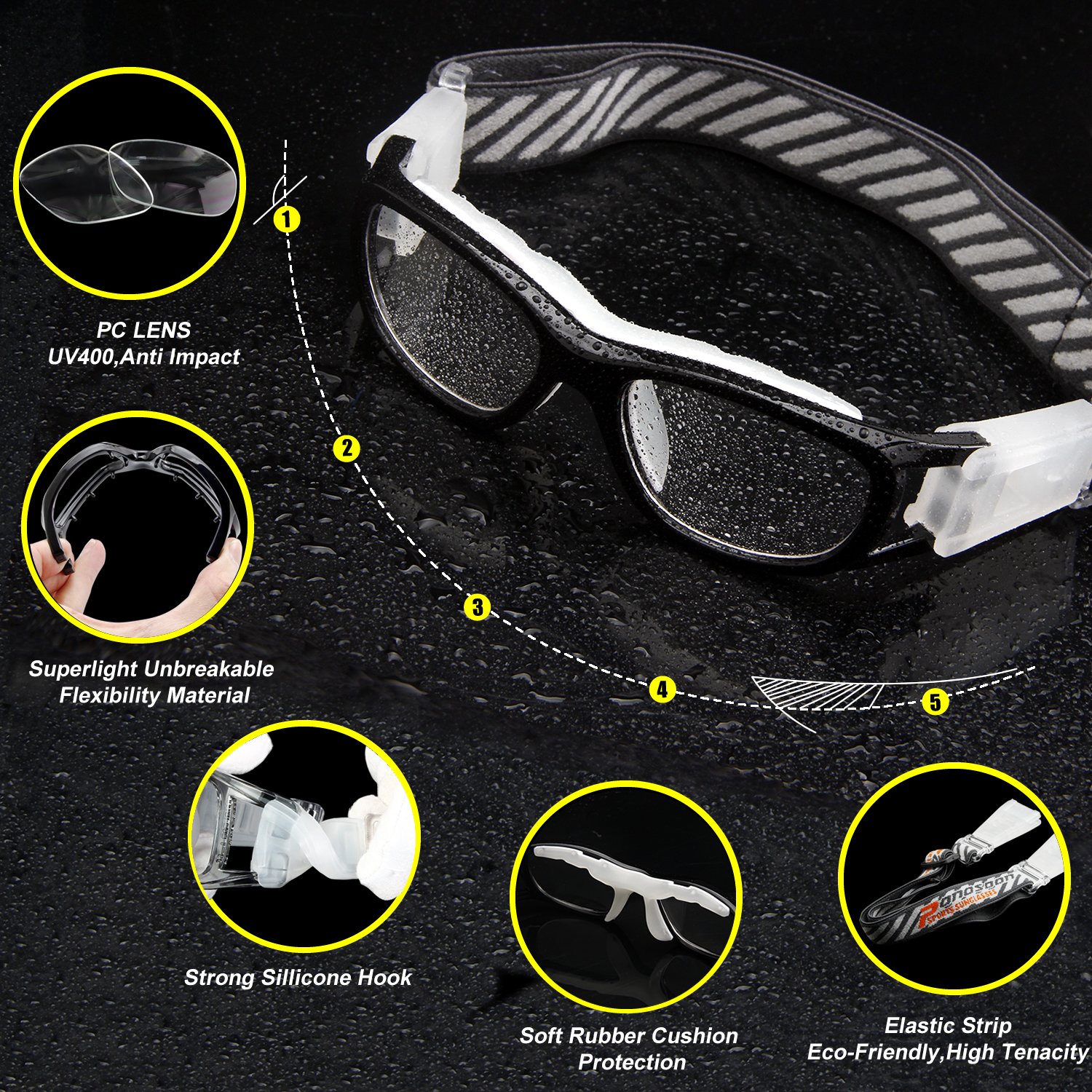 PONOSOON Sports Goggles Glasses for Kids for Basketball Football Volleyball 1812(Black)