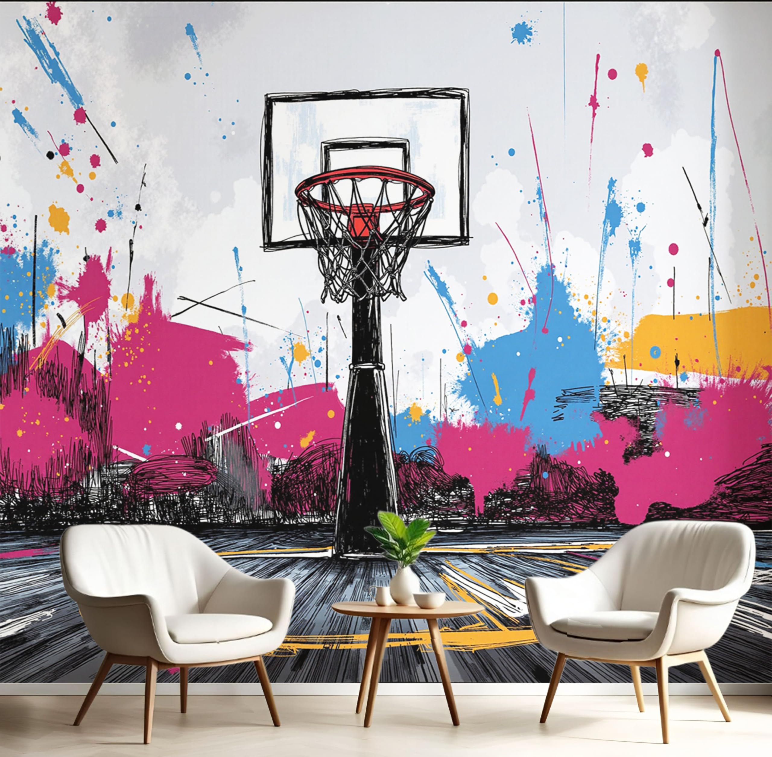 Fresque murale panier de basket abstrait 250x175 cm pour chambre et bureau