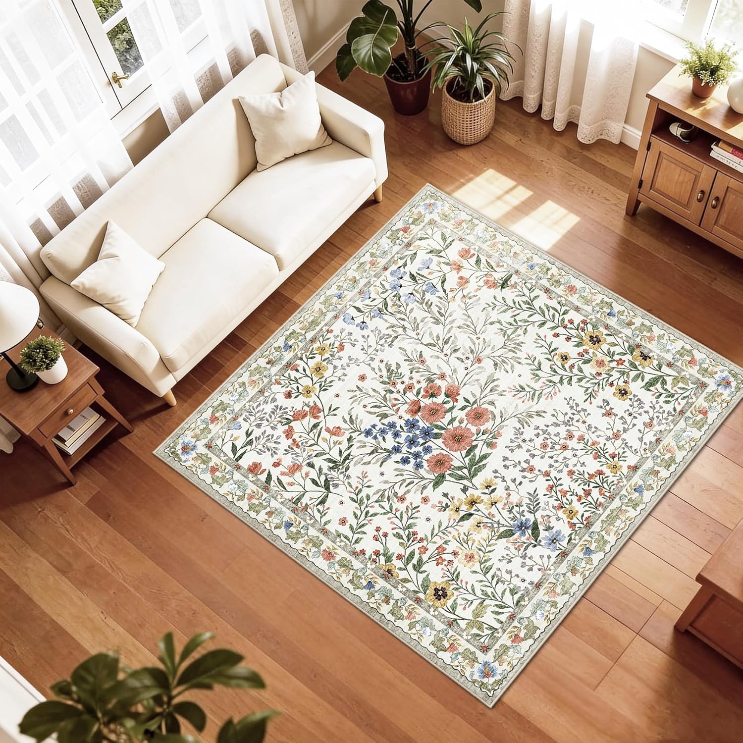 5x5 Living Room Area Rug Washable: Floral Non-Slip Mats for Indoor Floor Entryway Dining Room Bedroom - Soft Thin Carpet for Vintage Neutral Home Decor (5ft Square, Beige)