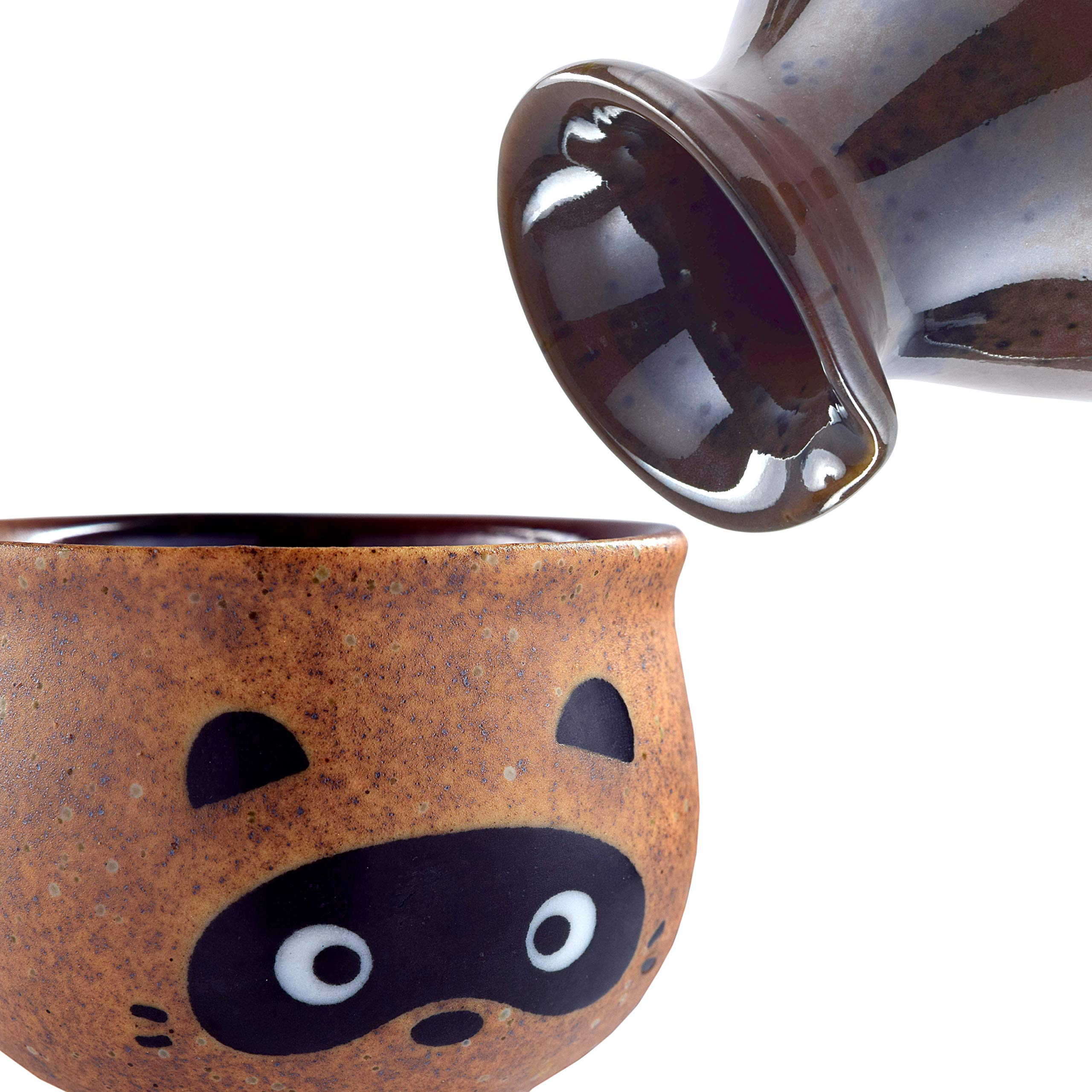 Mino Ware Traditional Japanese Sake Set, Tokkuri Bottle and 2 Ochoko Cups, Tanuki Japanese Racoon Dog