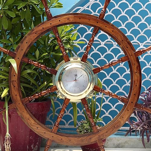 Miniatura 10 de Nagina International Rueda náutica de madera maciza con reloj de tiempo, diseño de capitán marítimo, decoración del hogar, regalo (16 pulgadas)