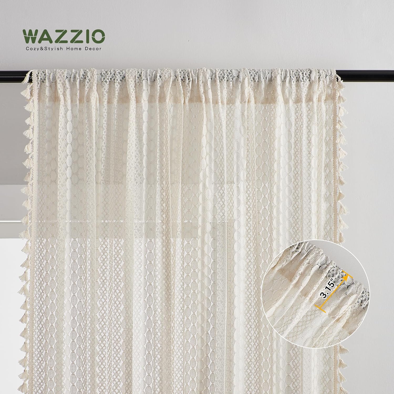 WAZZIO 2 Panels Lace Curtains Boho Curtain for Living Room Bedroom Rod Pocket Farmhouse Cute Decorative Home Decor Cotton Blend Sheer Neutral Curtains Crochet Drapes Window Treatments 59x63,Beige