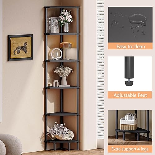 Miniatura 6 de Estante esquinero de 6 niveles, estante de pie de 66.5 pulgadas de alto, estante de exhibición estrecho, estantería de esquina moderna, soporte para