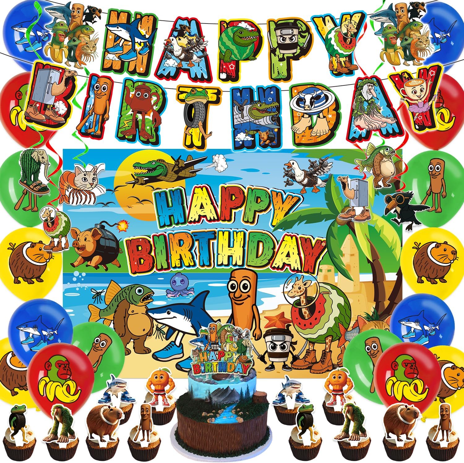 Italian Brainrot Party Decorations Set - Banner, Balloons, Cupcake Toppers, Themed Halloween, Birthday Parties Fun Party Supplies for Celebration